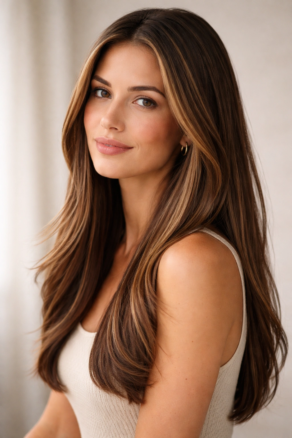 Portrait of a person with straight brown hair and subtle highlights
