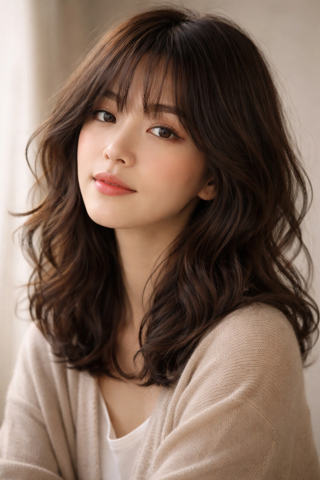 Contemplative portrait of a person with wavy hair and bangs showcasing a Korean-inspired medium-length hairstyle