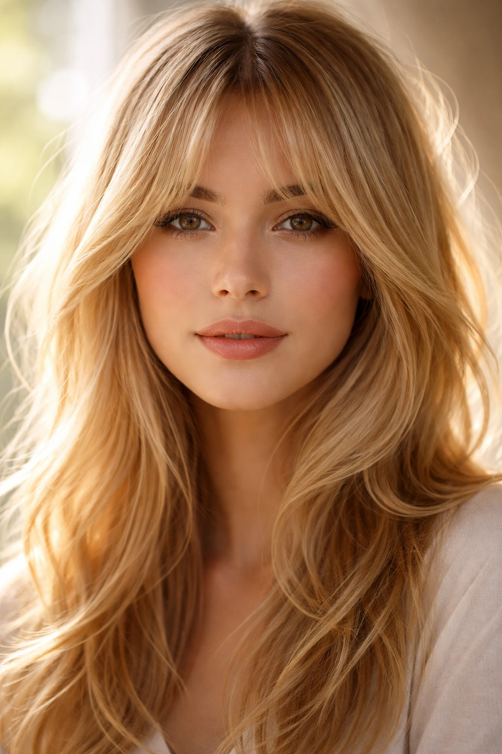 Close-up of fine hair with layered curtain bangs catching light to show texture