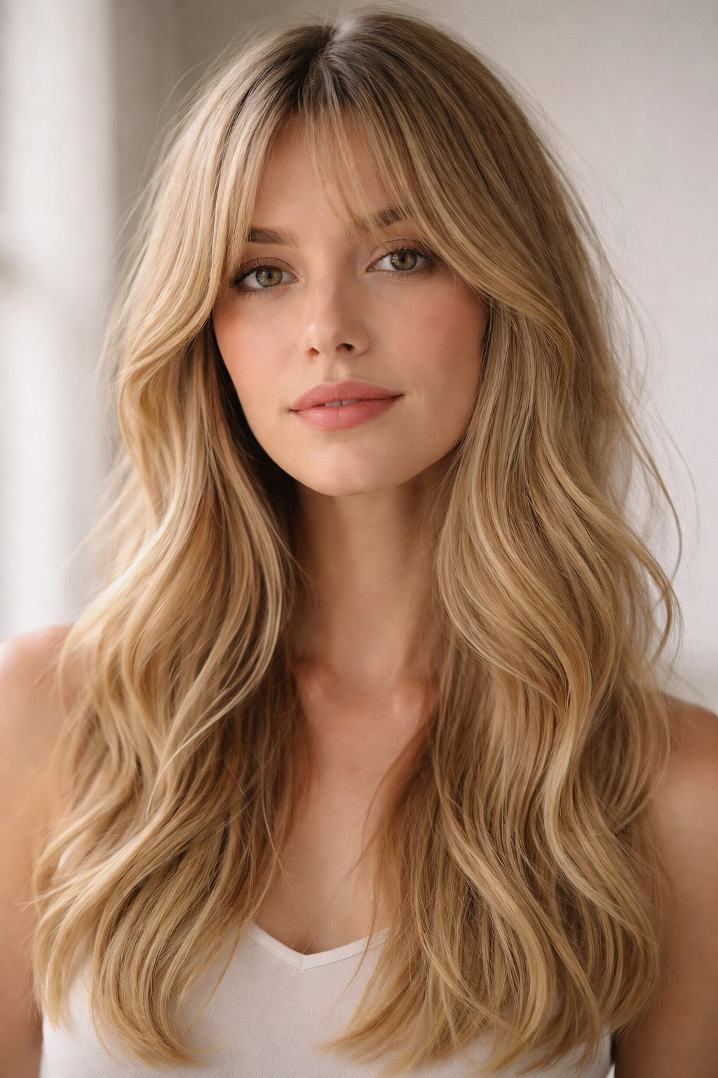 Close-up of fine hair with wispy curtain bangs and subtle waves