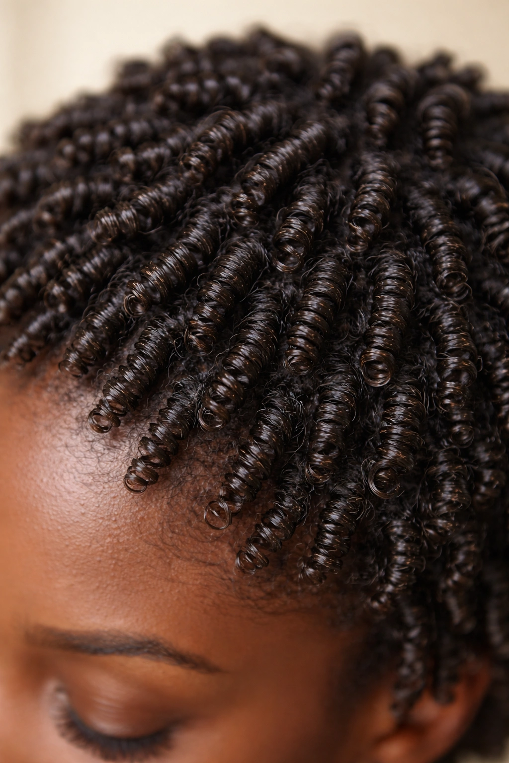 Macro close-up of small finger coils along the scalp.