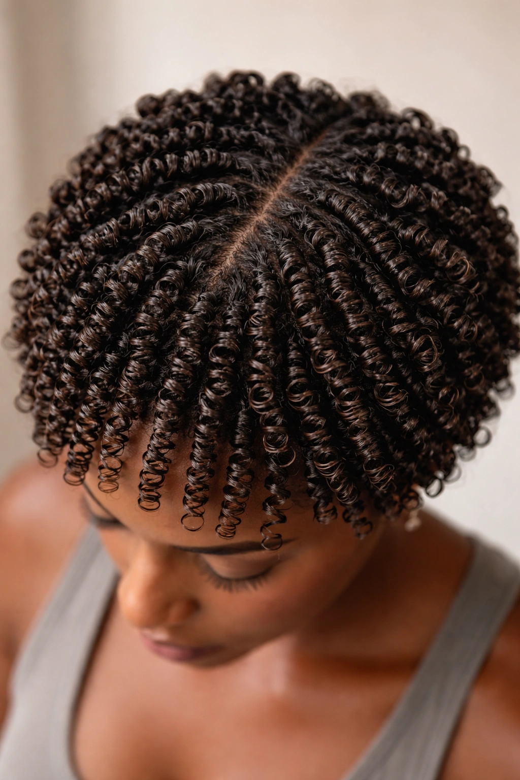 Head with numerous tight finger coils showing maximum definition