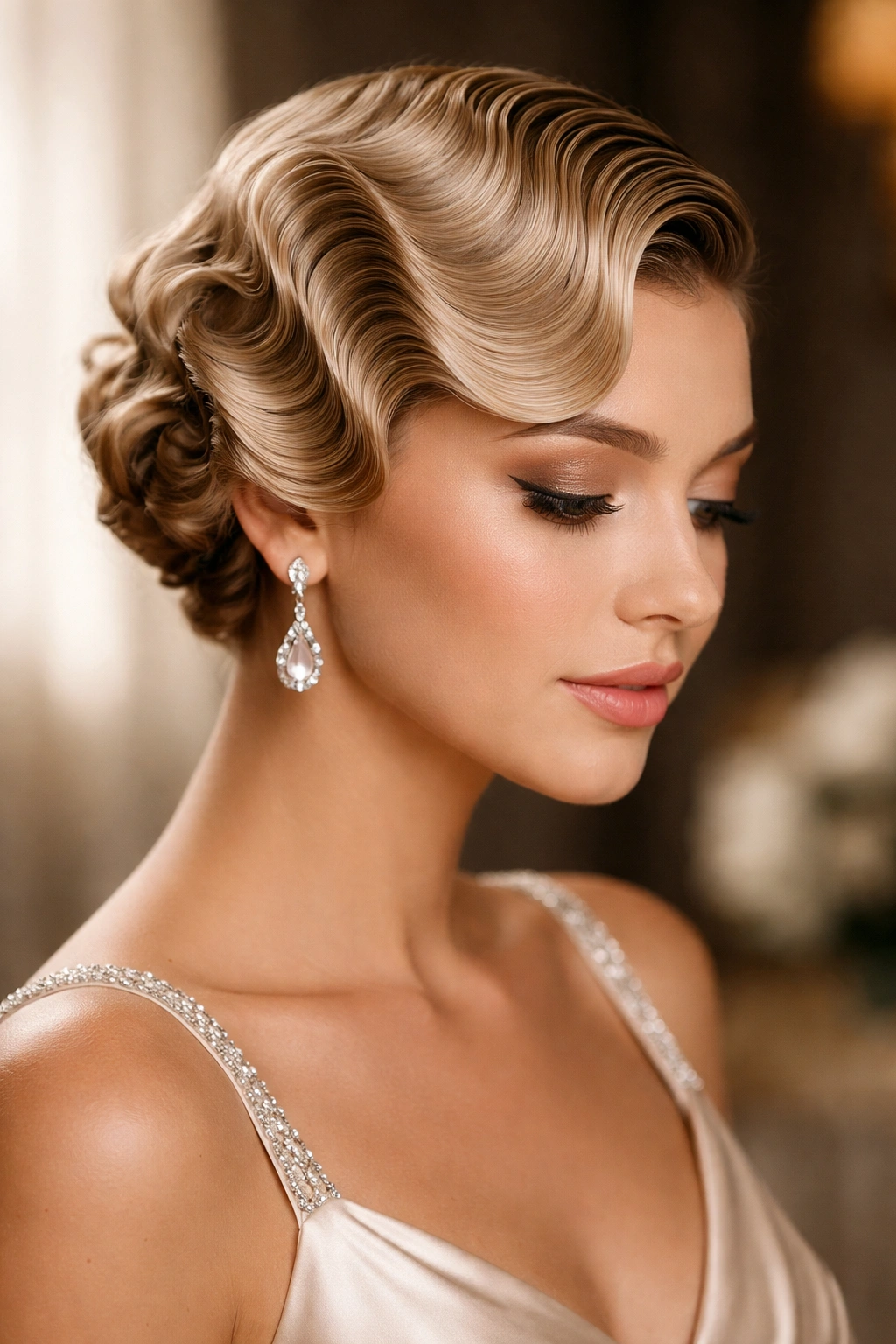 Bridesmaid with precise finger waves and vintage glamour styling