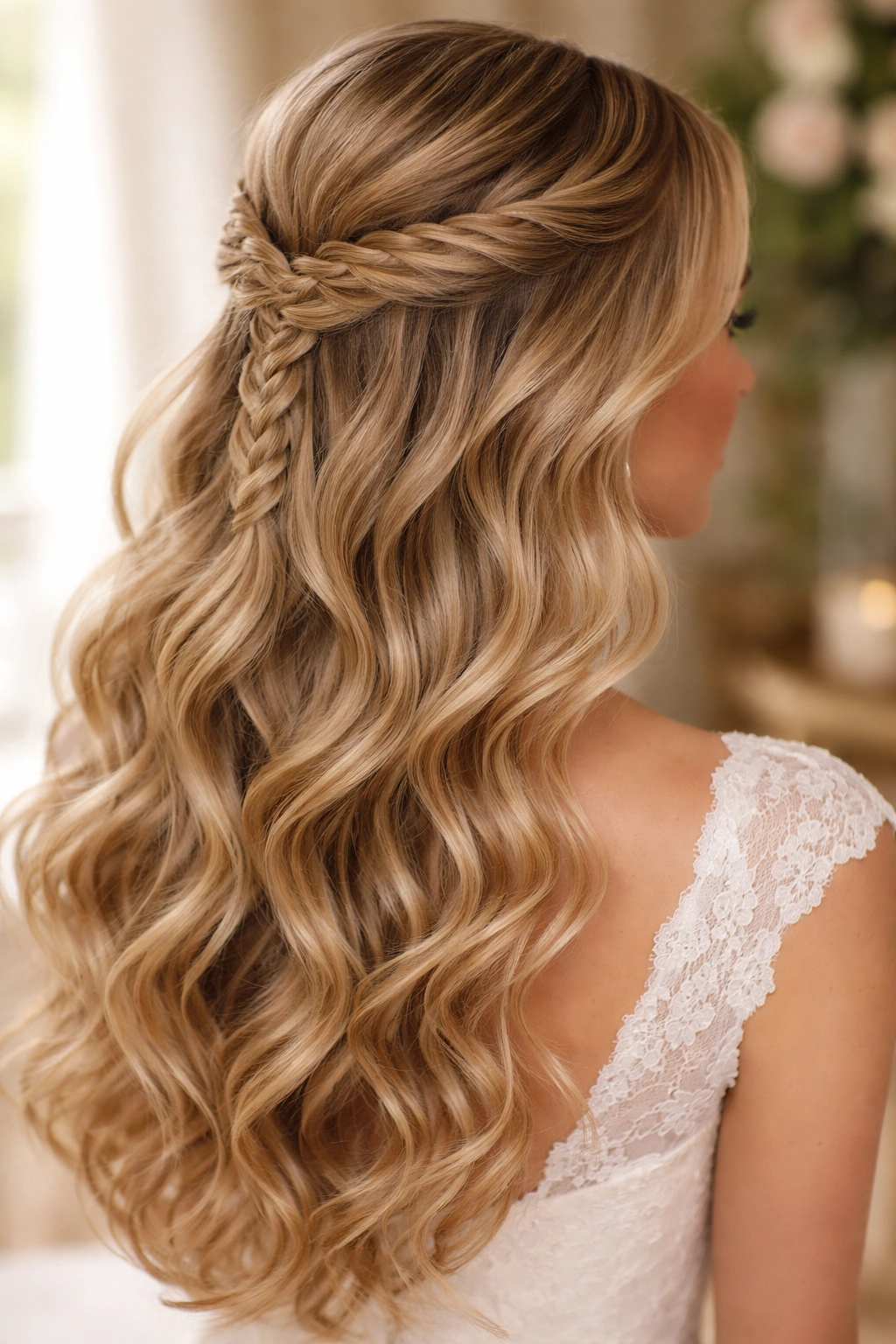 Half-up half-down hairstyle with fishtail accent and loose curls