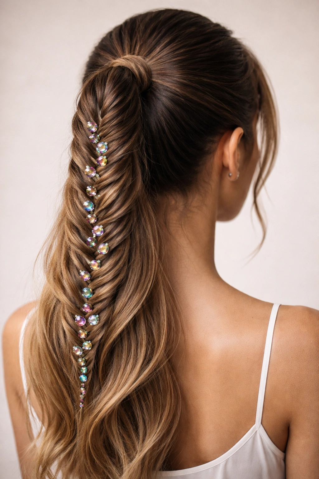 Fishtail braid ponytail with iridescent beads catching light