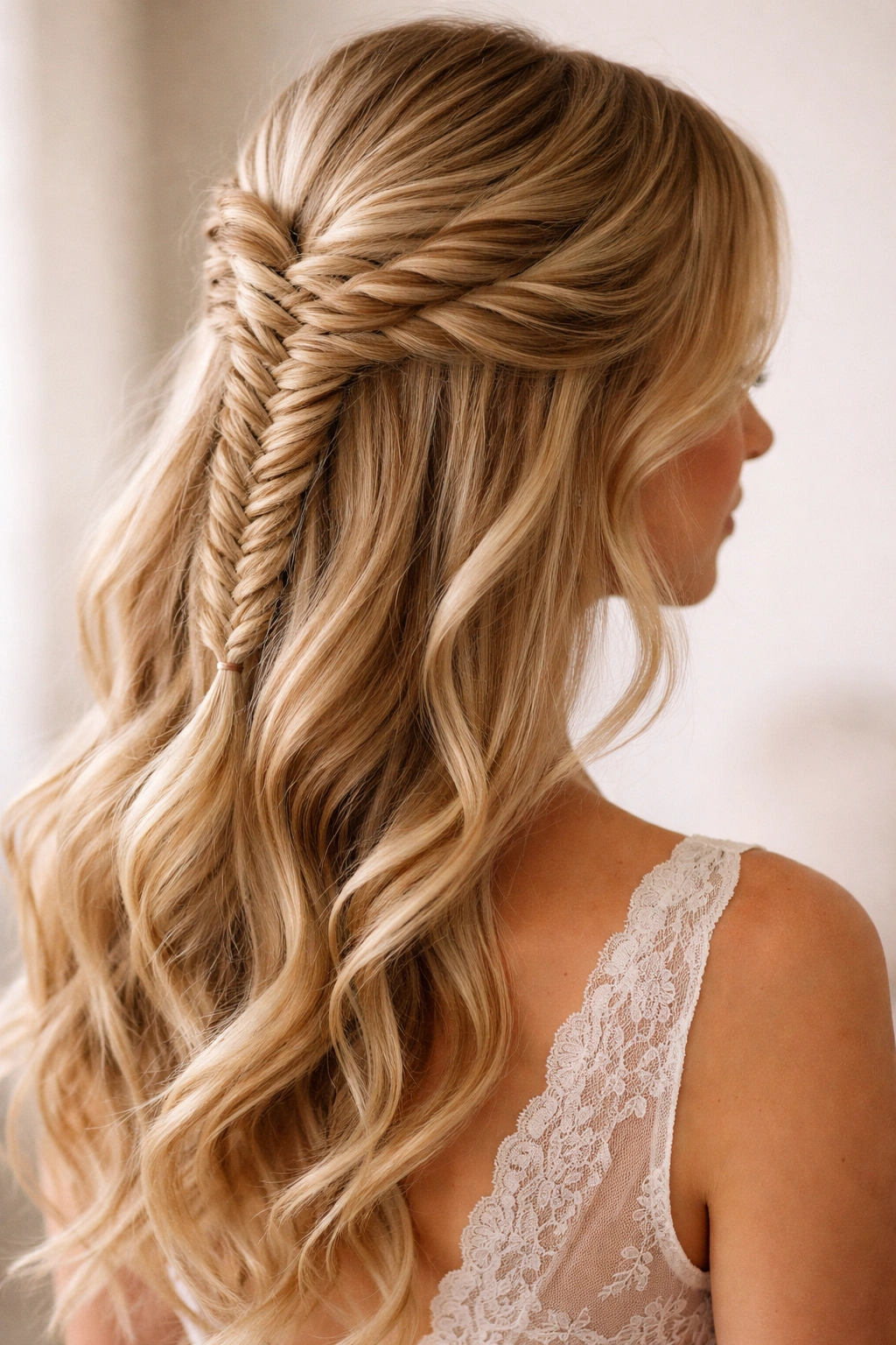 Blonde hair in a half-up fishtail braid showing intricate pattern.