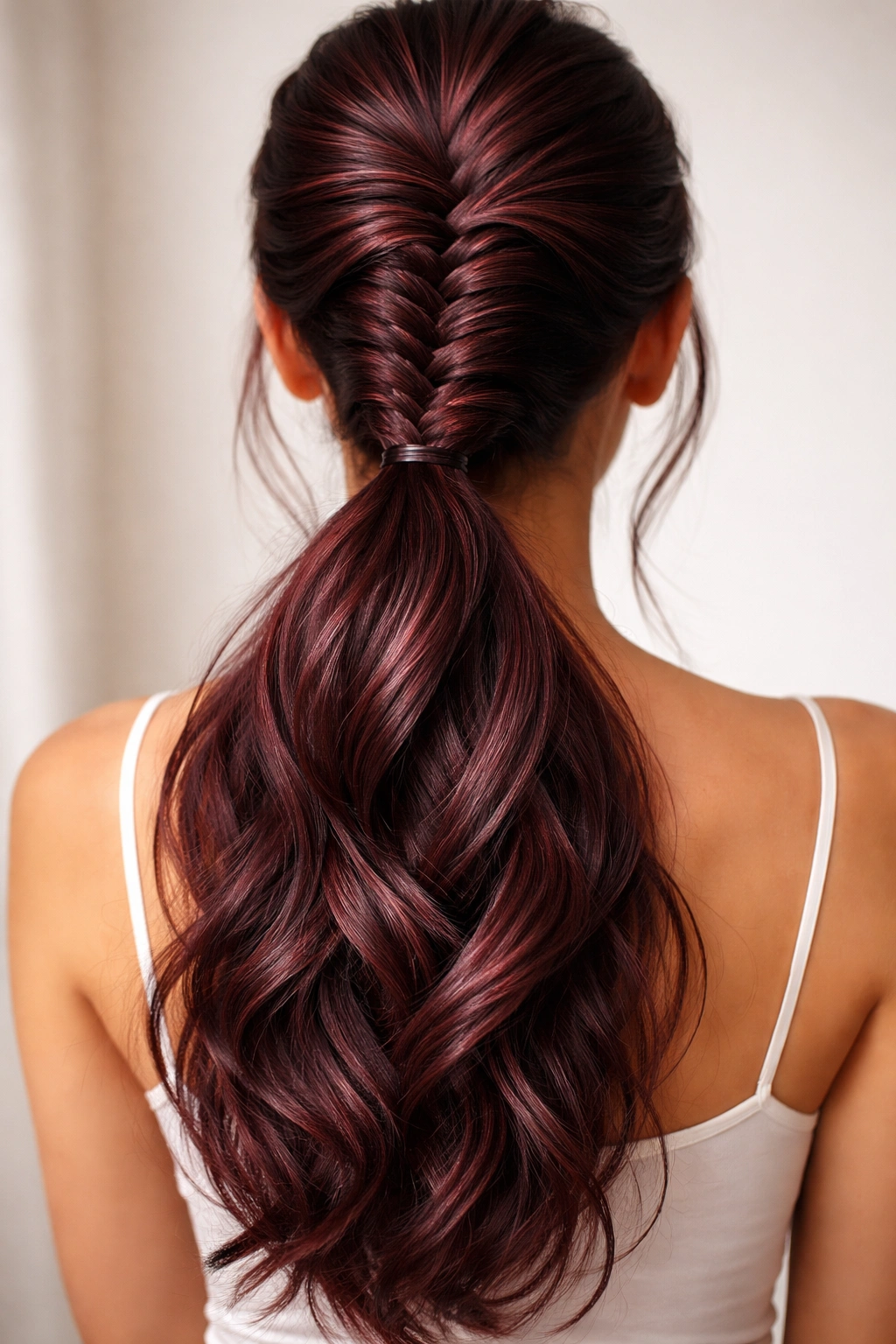 Back view of burgundy fishtail braid into ponytail