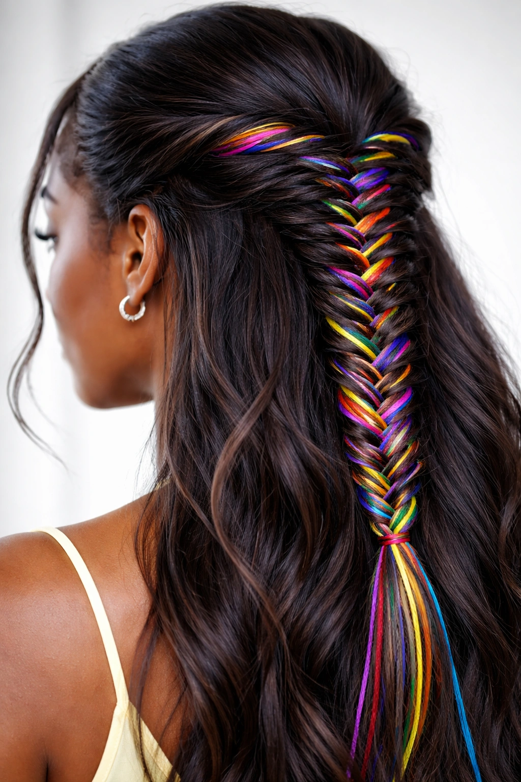 Fishtail braid woven with colorful strings for a vivid look