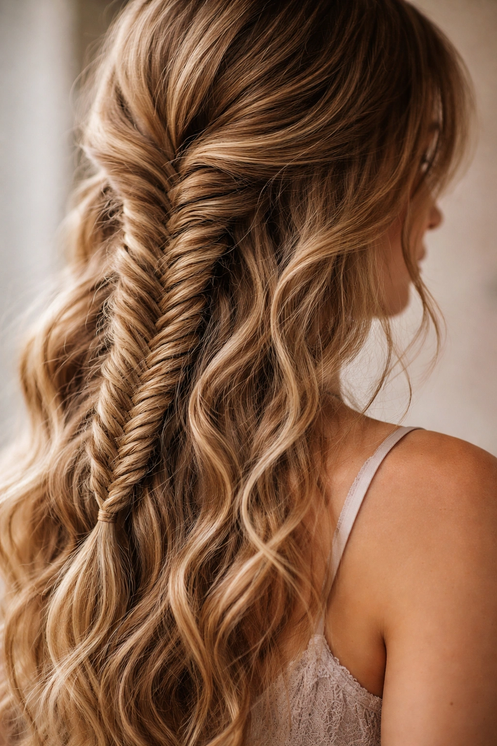 Close-up of a fishtail braid on wavy hair showing dimension
