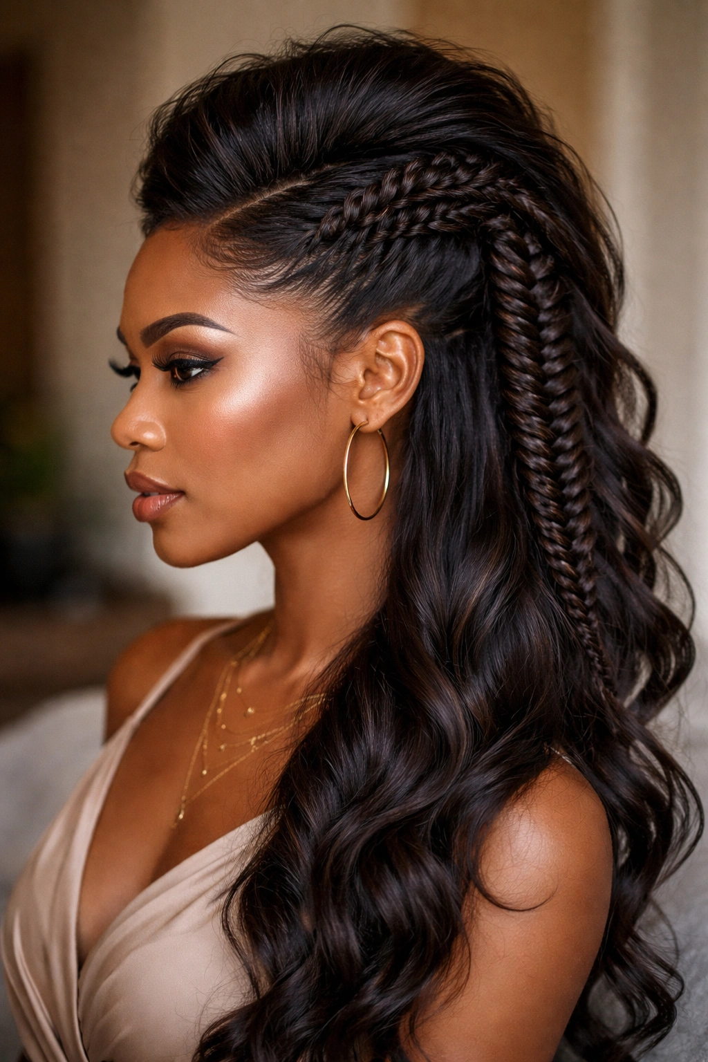 Fishtail half-up with teased crown forming a faux hawk silhouette