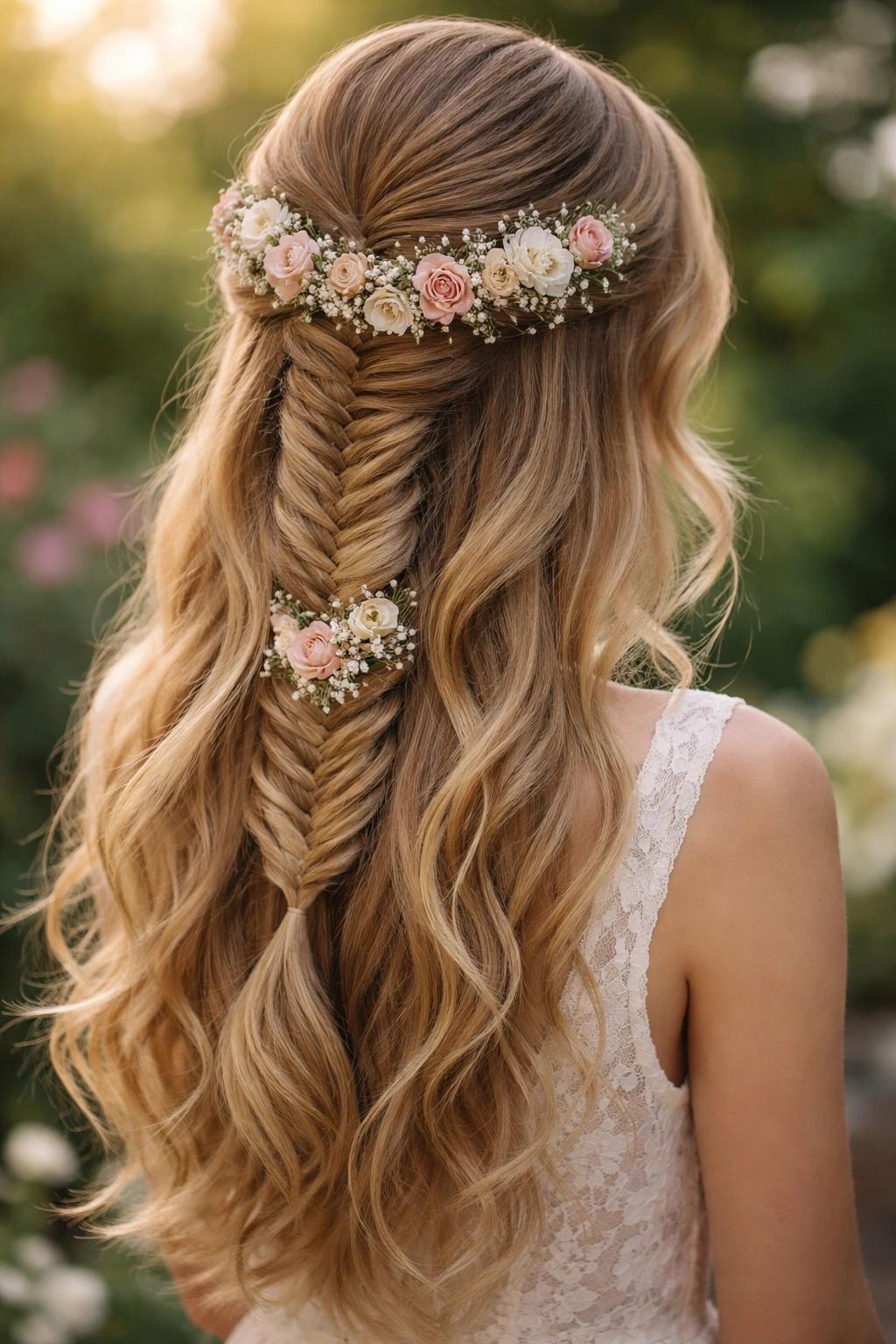 Fishtail with Flower Crown Insert hairstyle with flower crown woven into braid