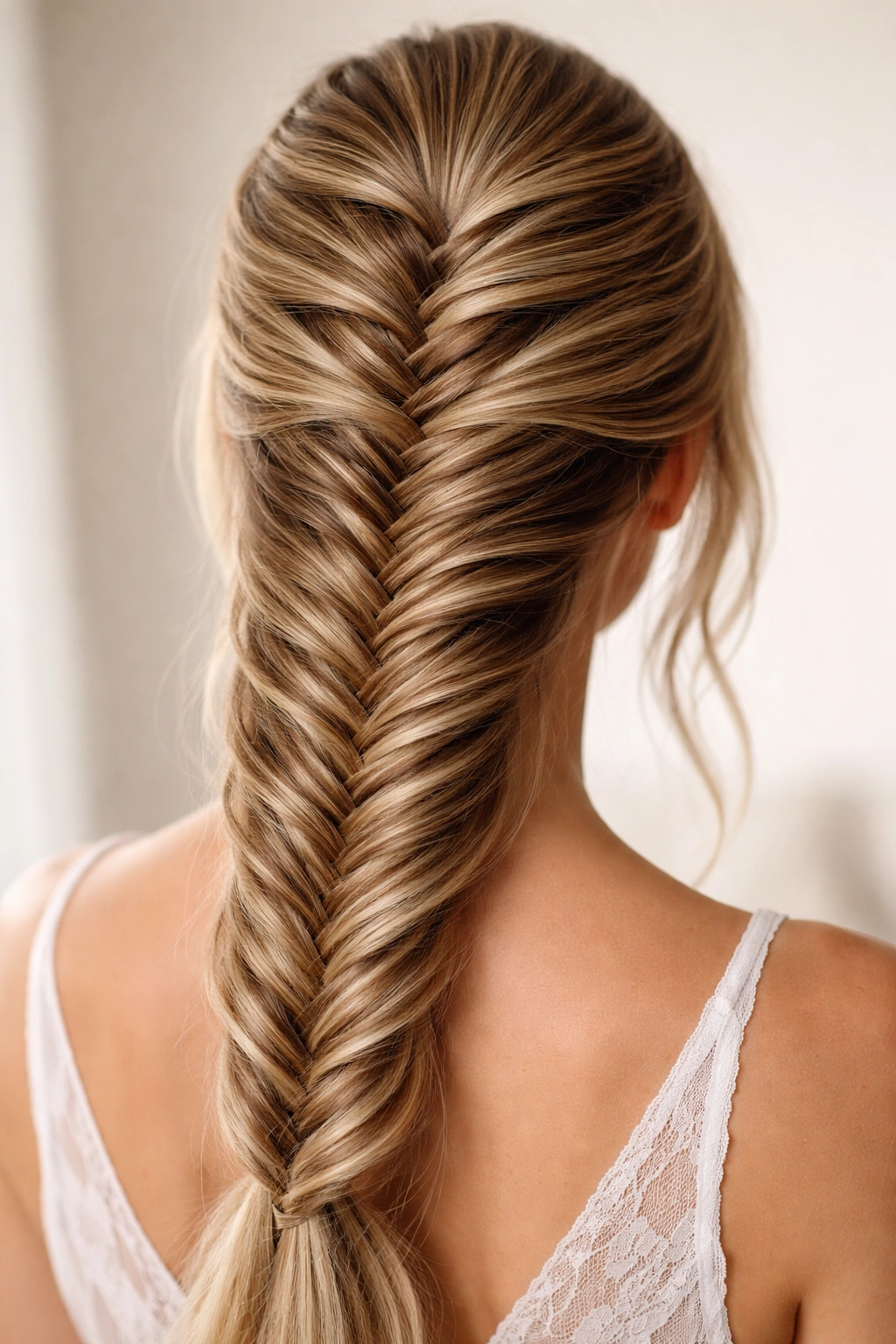 Close-up of a French Fishtail Braid along the crown showing texture and movement