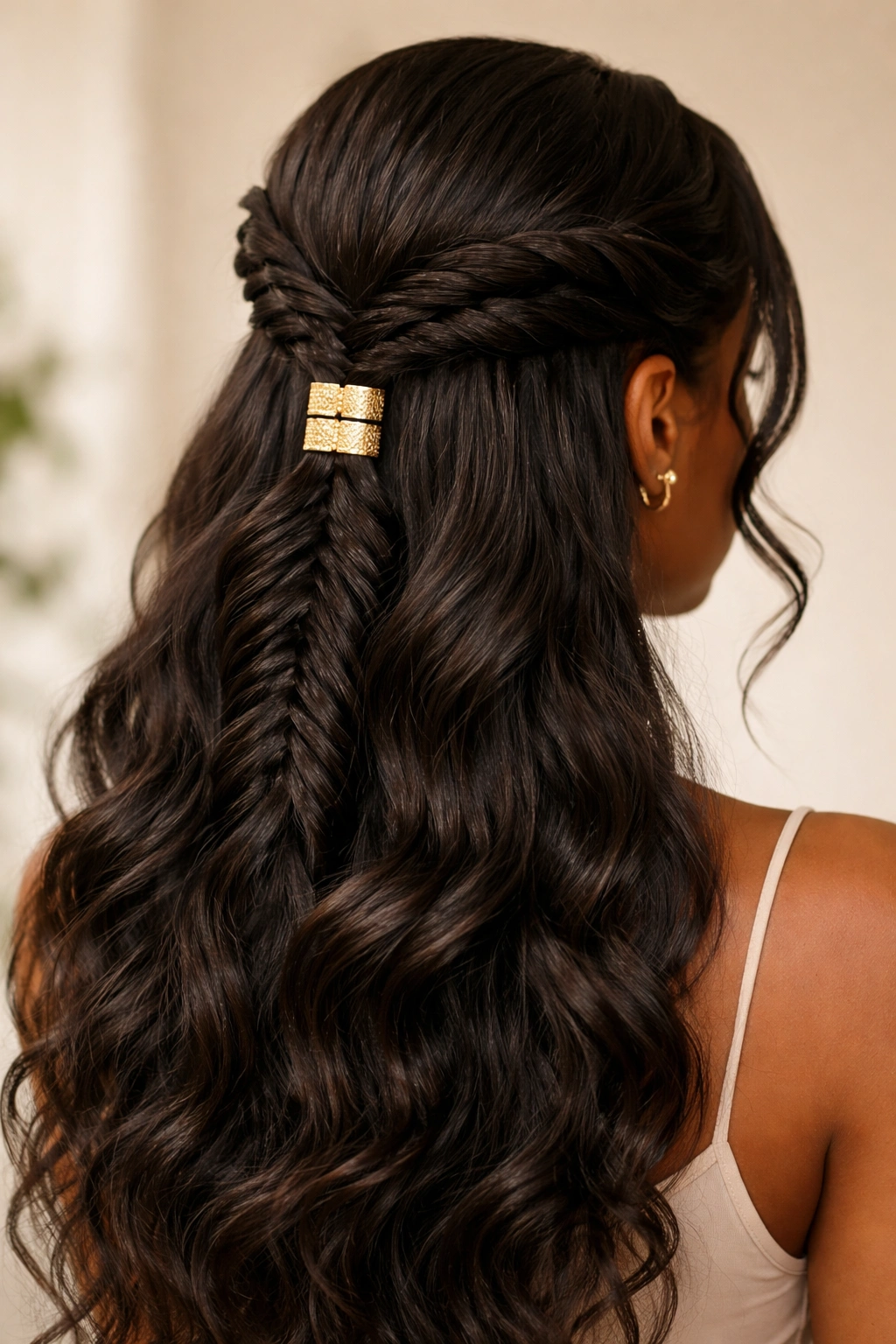 Close-up of a Black woman's fishtail braid at ear height with gold cuffs in a half-up style