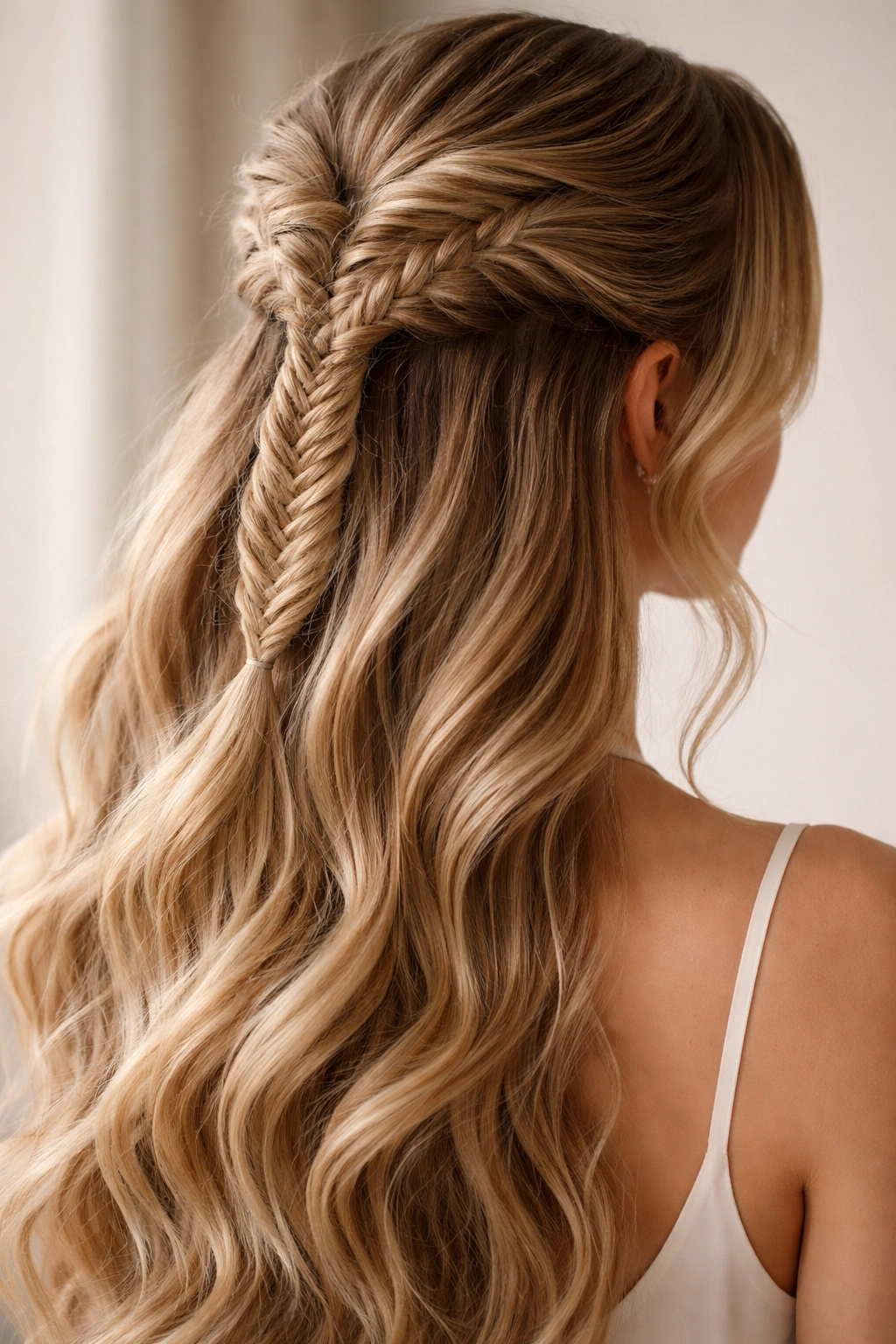 Close-up of fishtail braid integrated into a half ponytail with detailed braiding