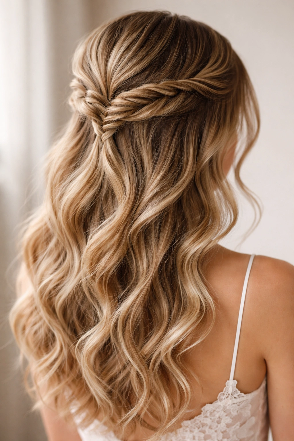 Close-up of a half-up hairstyle with a fishtail braid integrated into a twist.