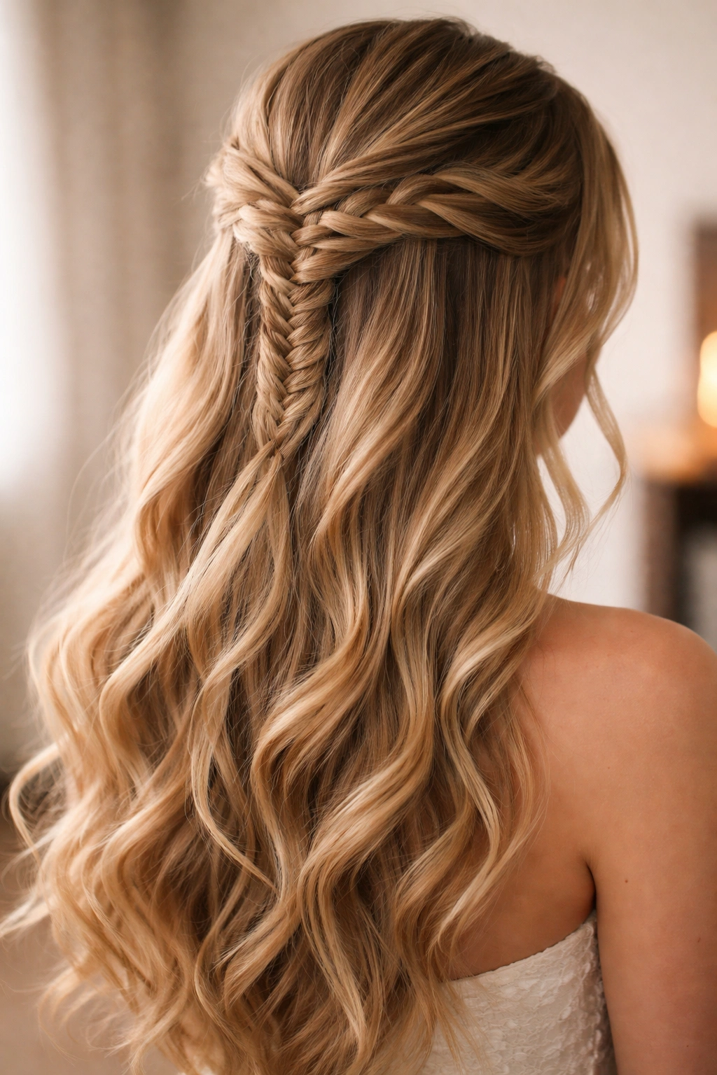 Close-up of a fishtail braid half up with interlocking pattern and soft waves