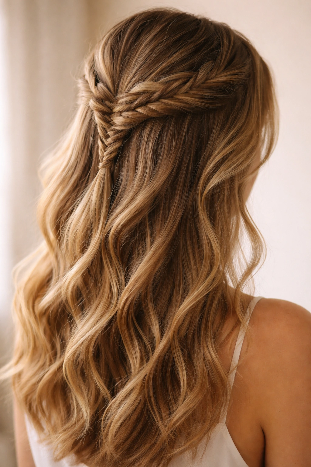 Close-up of a fishtail braid half up with intricate weave at the crown