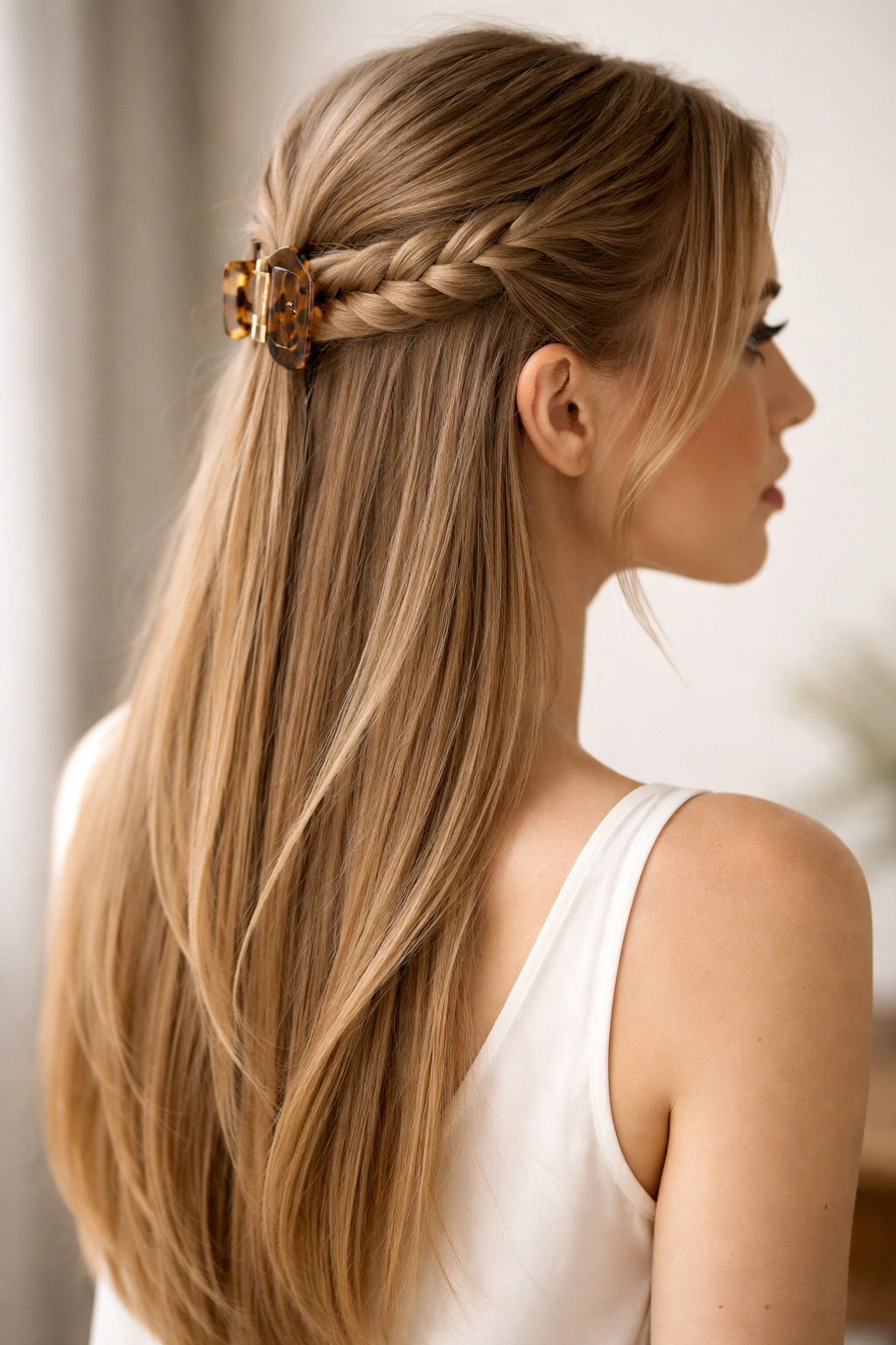 Fishtail braid half-up hairstyle from temple to ear level with clipped sections