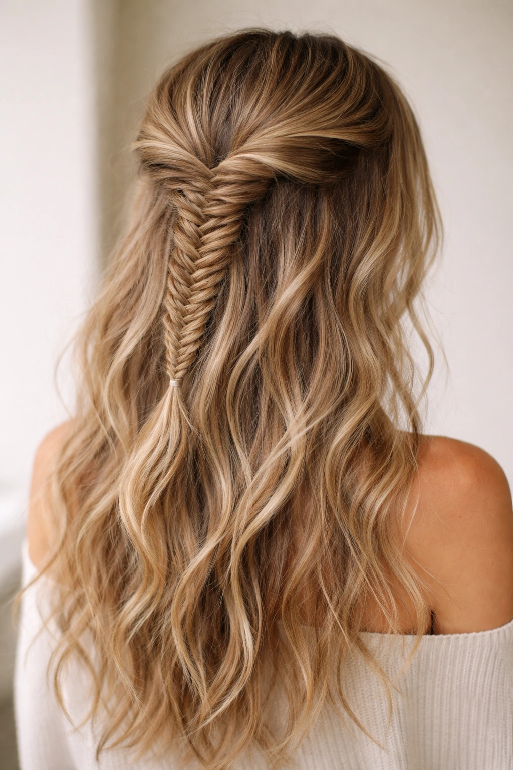 Loose fishtail braid starting at temple with hair down