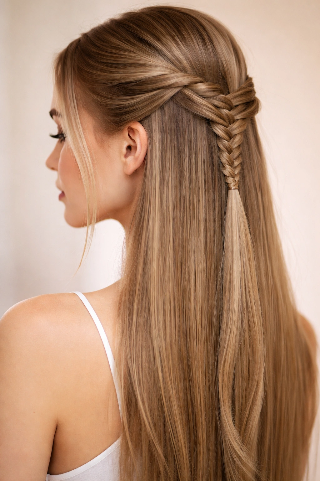 Head with a delicate fishtail braid half-up and loose straight hair