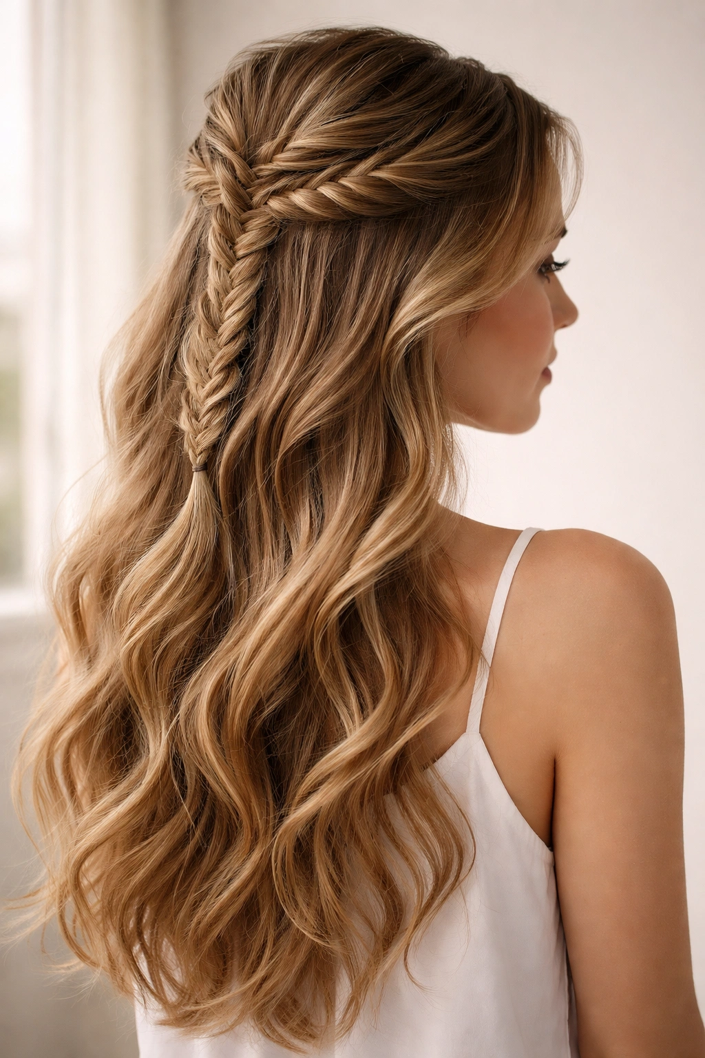 Half up fishtail braid with loose waves on the lower hair