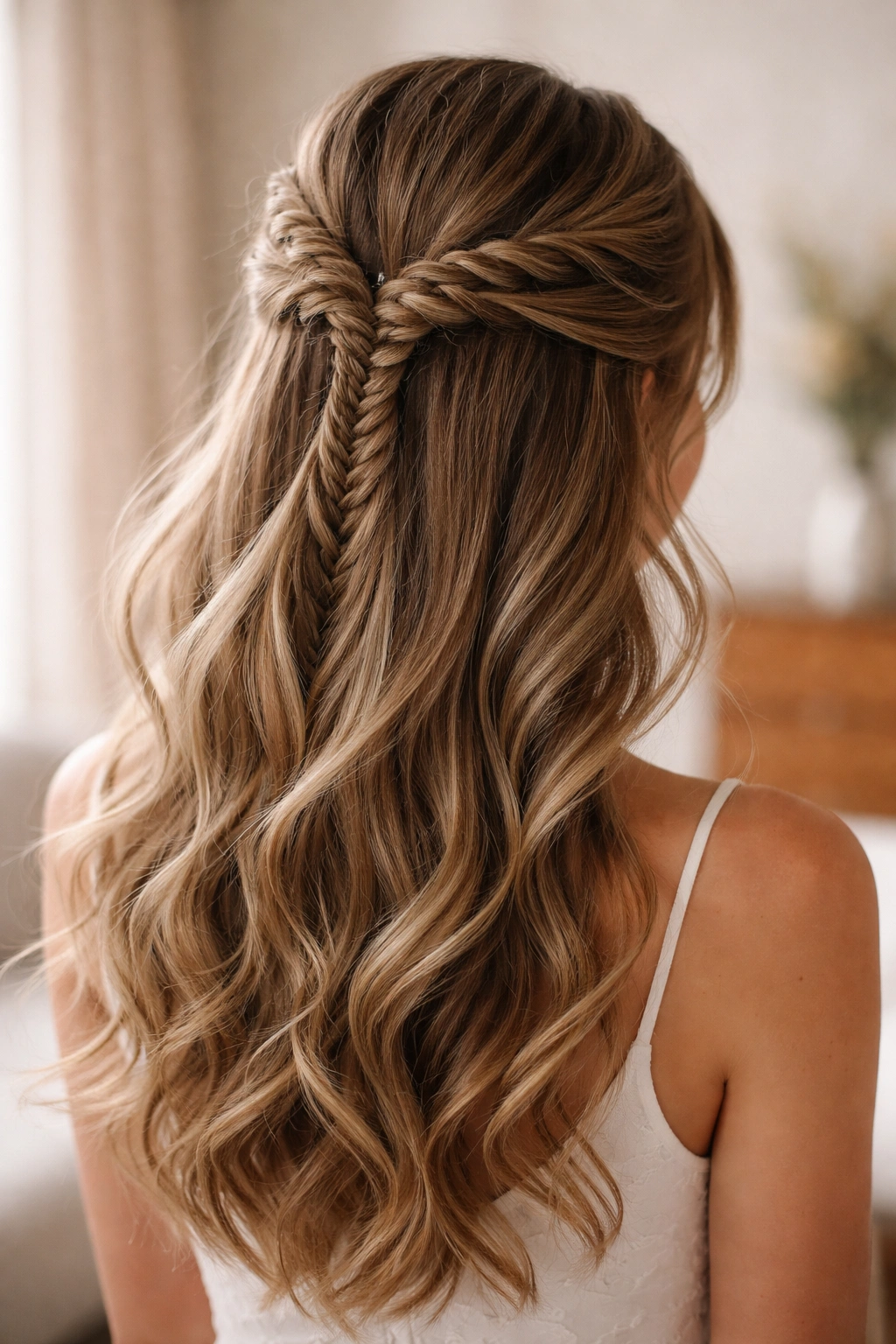 Delicate fishtail braid integrated into a half-up hairstyle