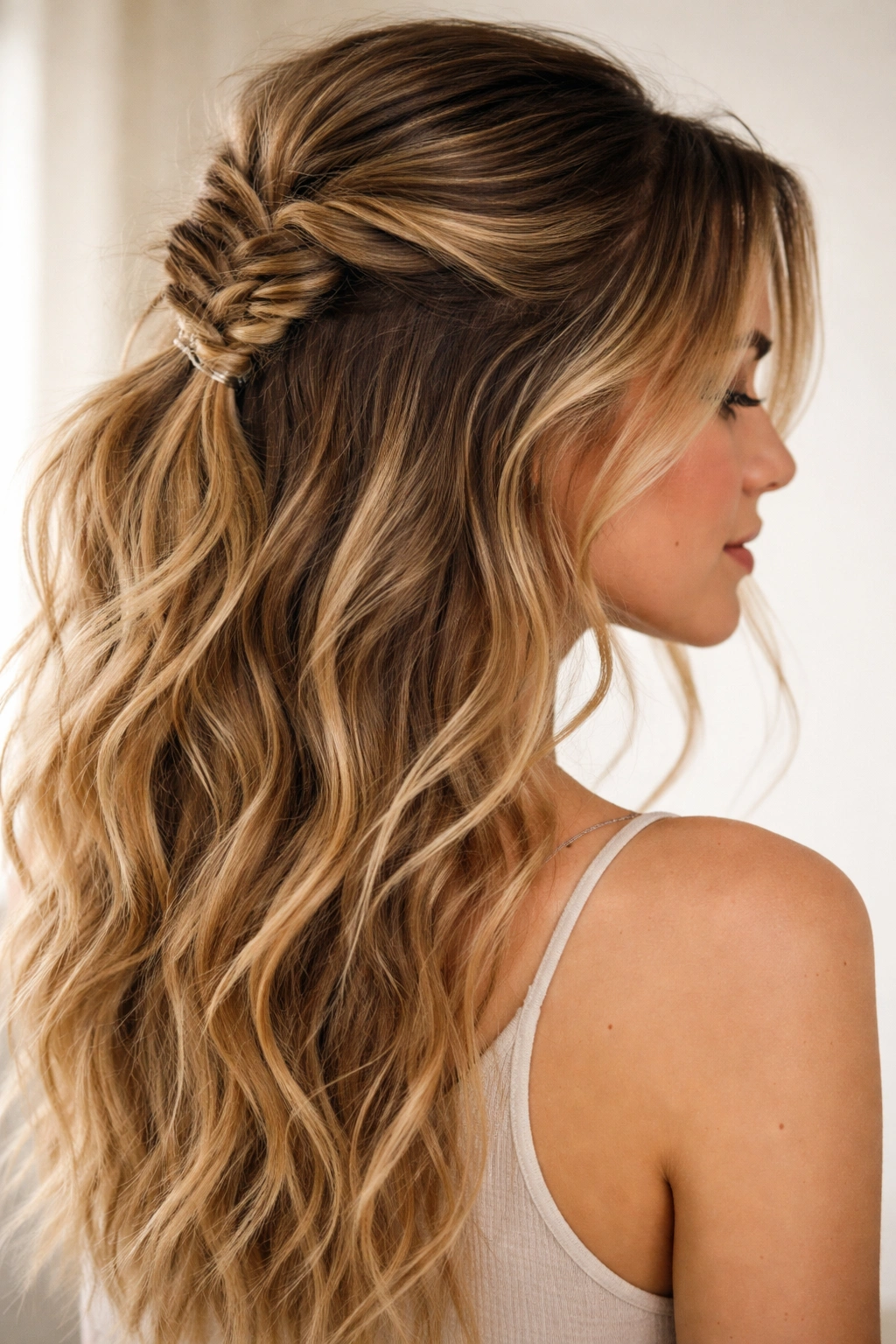 Half-up hairstyle with a messy fishtail braid accent and loose face-framing strands.