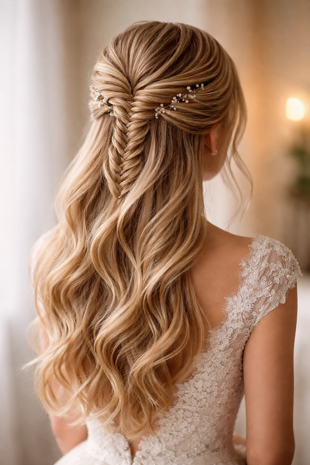 Close-up of a bridal fishtail braid half-up with soft waves