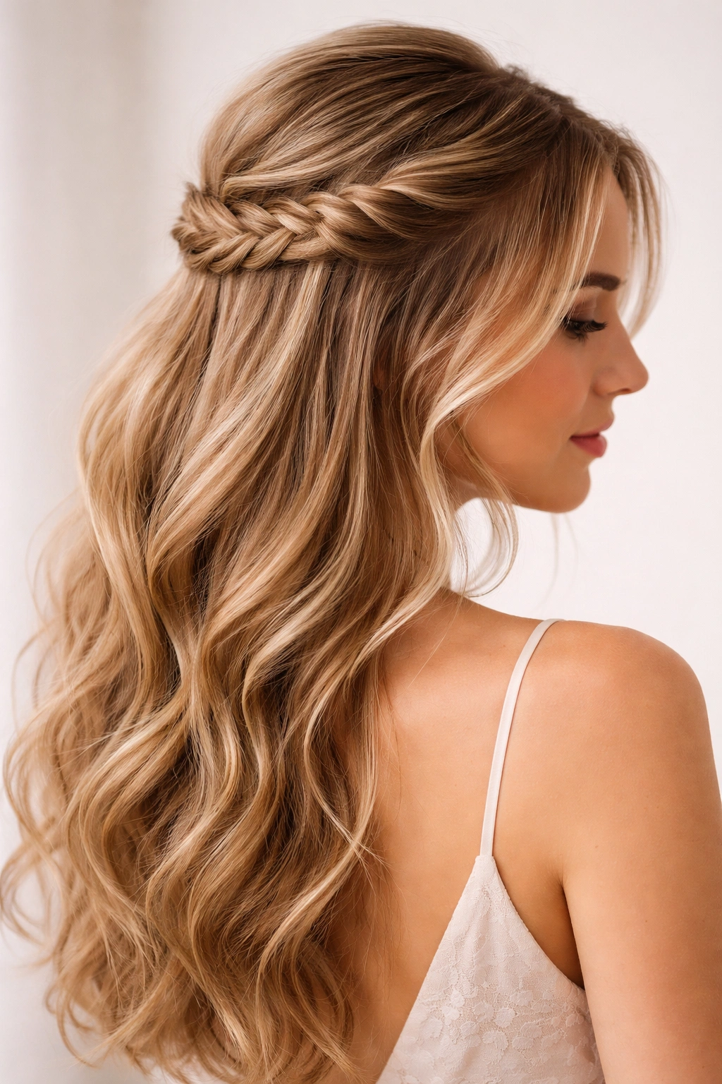 Close-up of a fishtail braid half-up hairstyle with delicate strands and soft volume