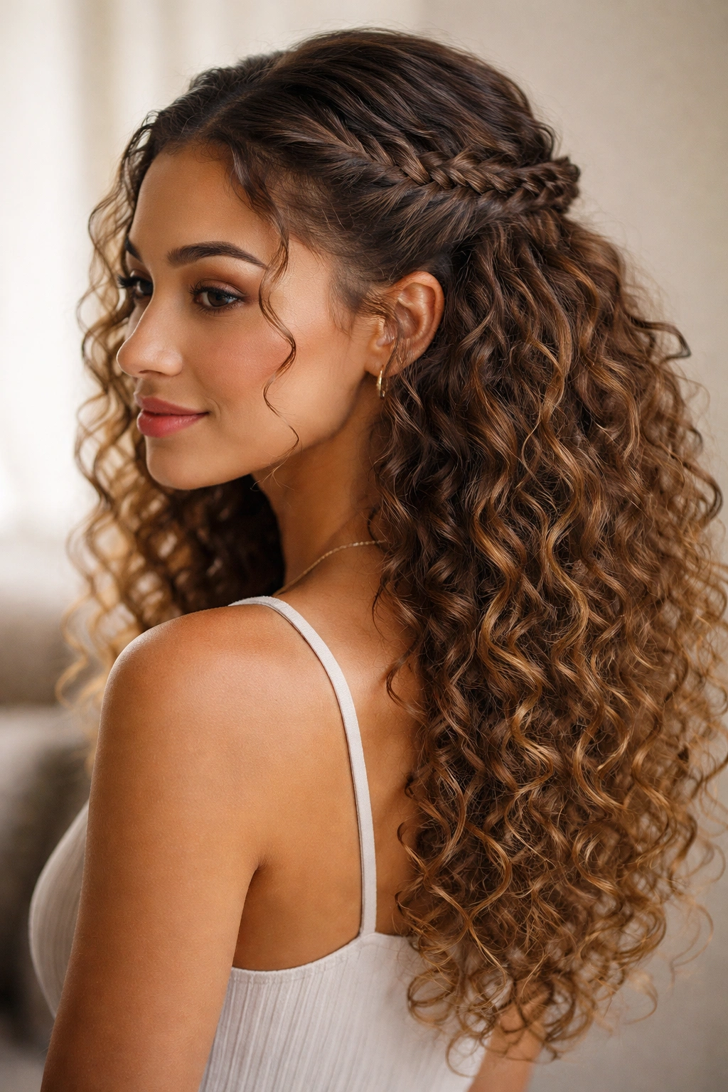 Fishtail braid half-up on curly hair with loose curls below