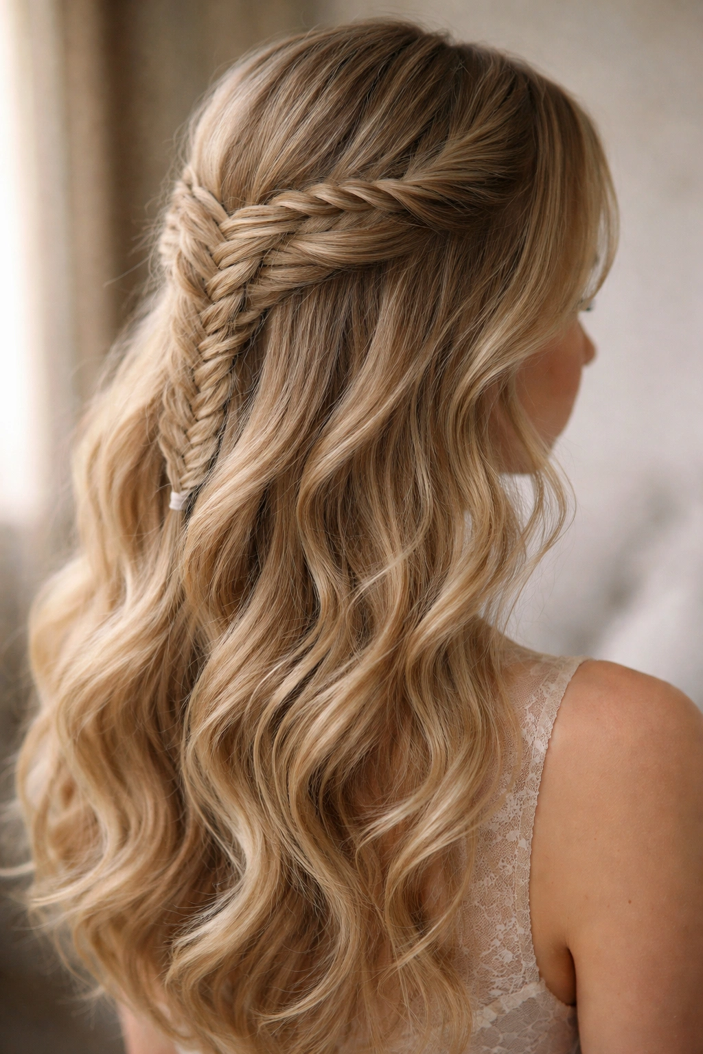 Close-up of fishtail braid hybrid half-up hairstyle on fine hair