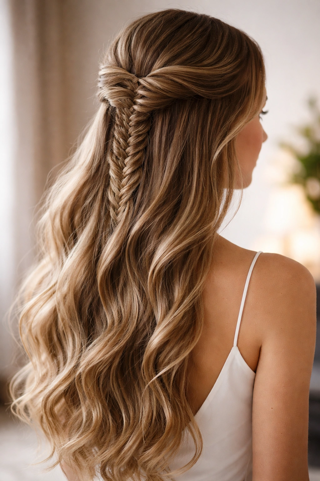 Fishtail braid in half-up section with flowing length