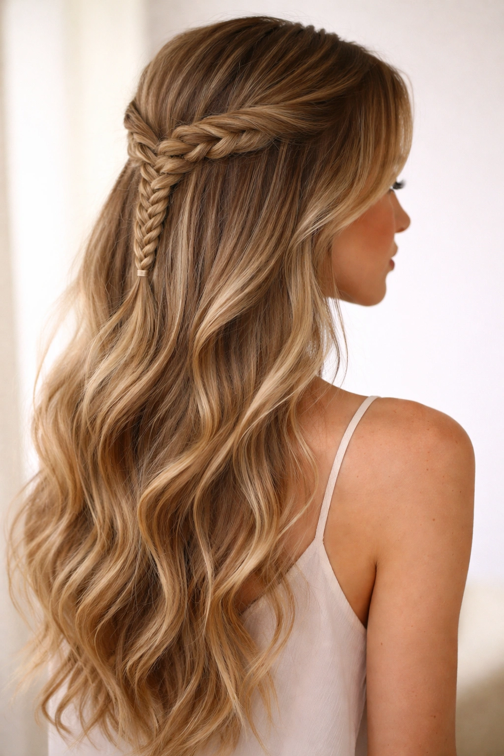 Delicate fishtail braid half up with loose waves