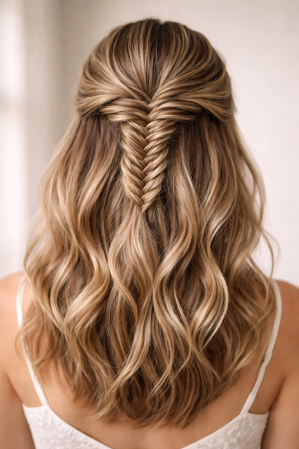 Close-up of a half-up fishtail braid on medium-length hair