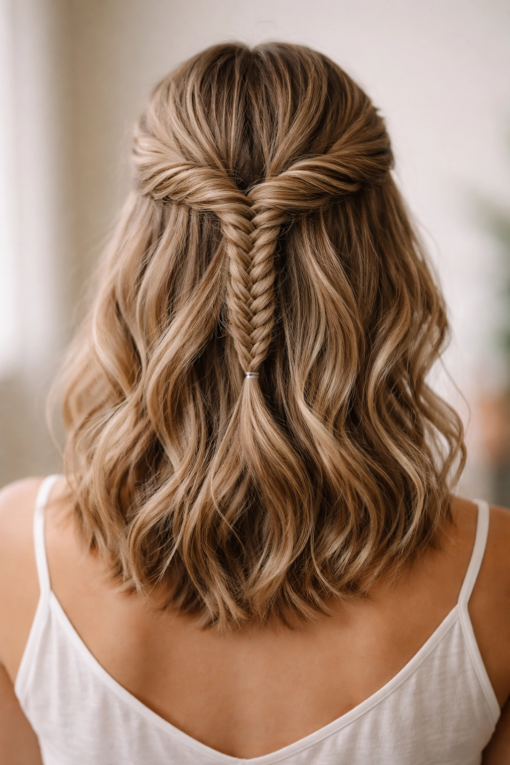 Back view of fishtail braid half-up on shoulder-length hair, showing the delicate weave.
