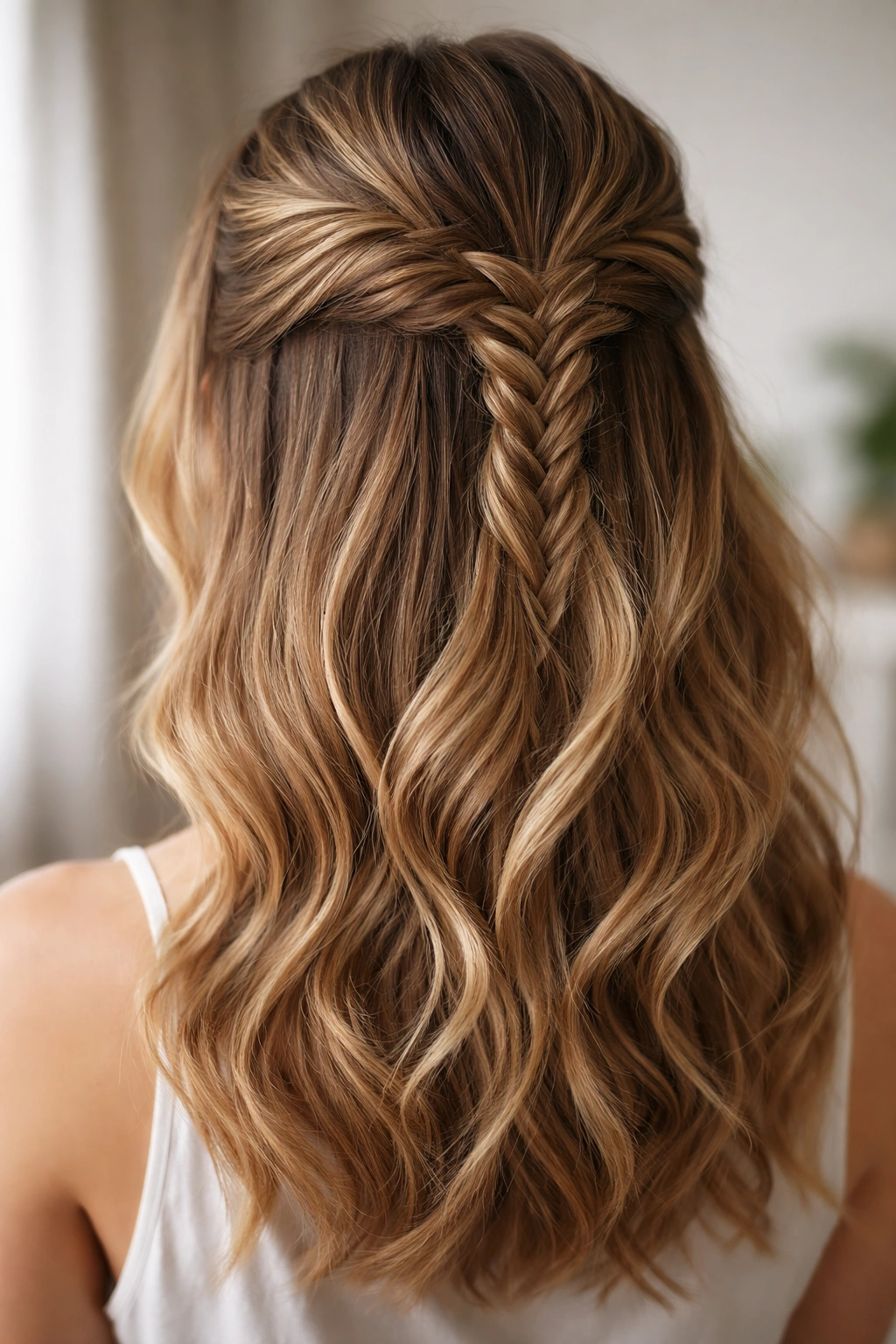 Close-up of half-up fishtail braid with flowing waves.