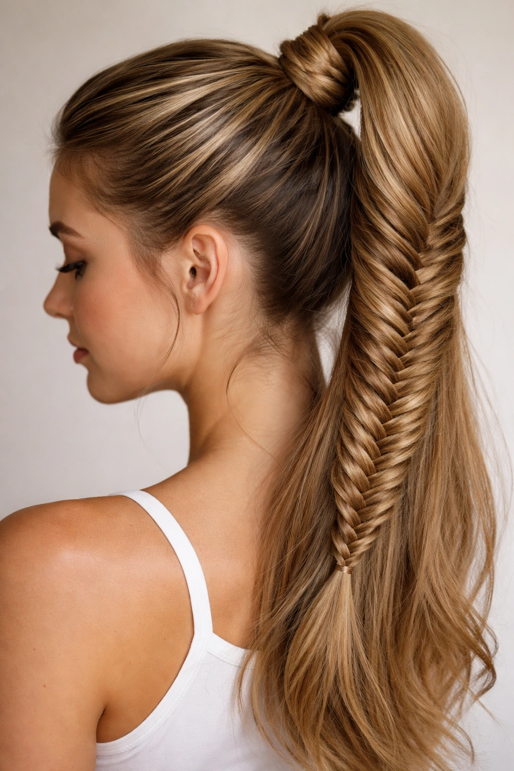Close-up of fishtail braid high ponytail showing dense interwoven strands