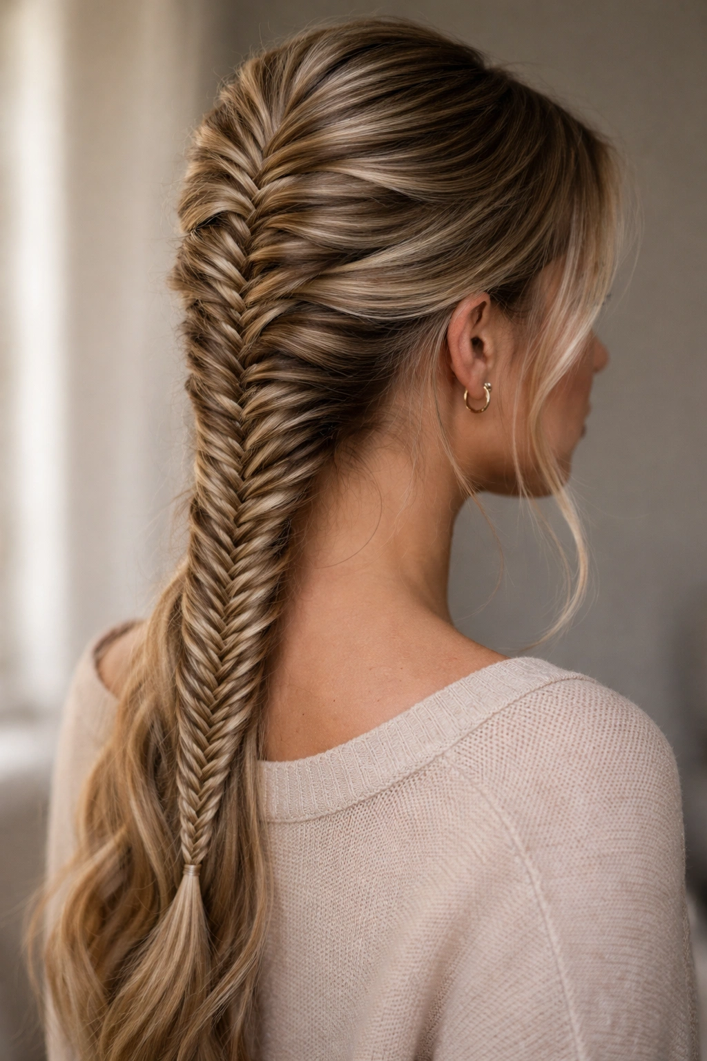 Close-up of fishtail French braid hybrid with intricate texture.