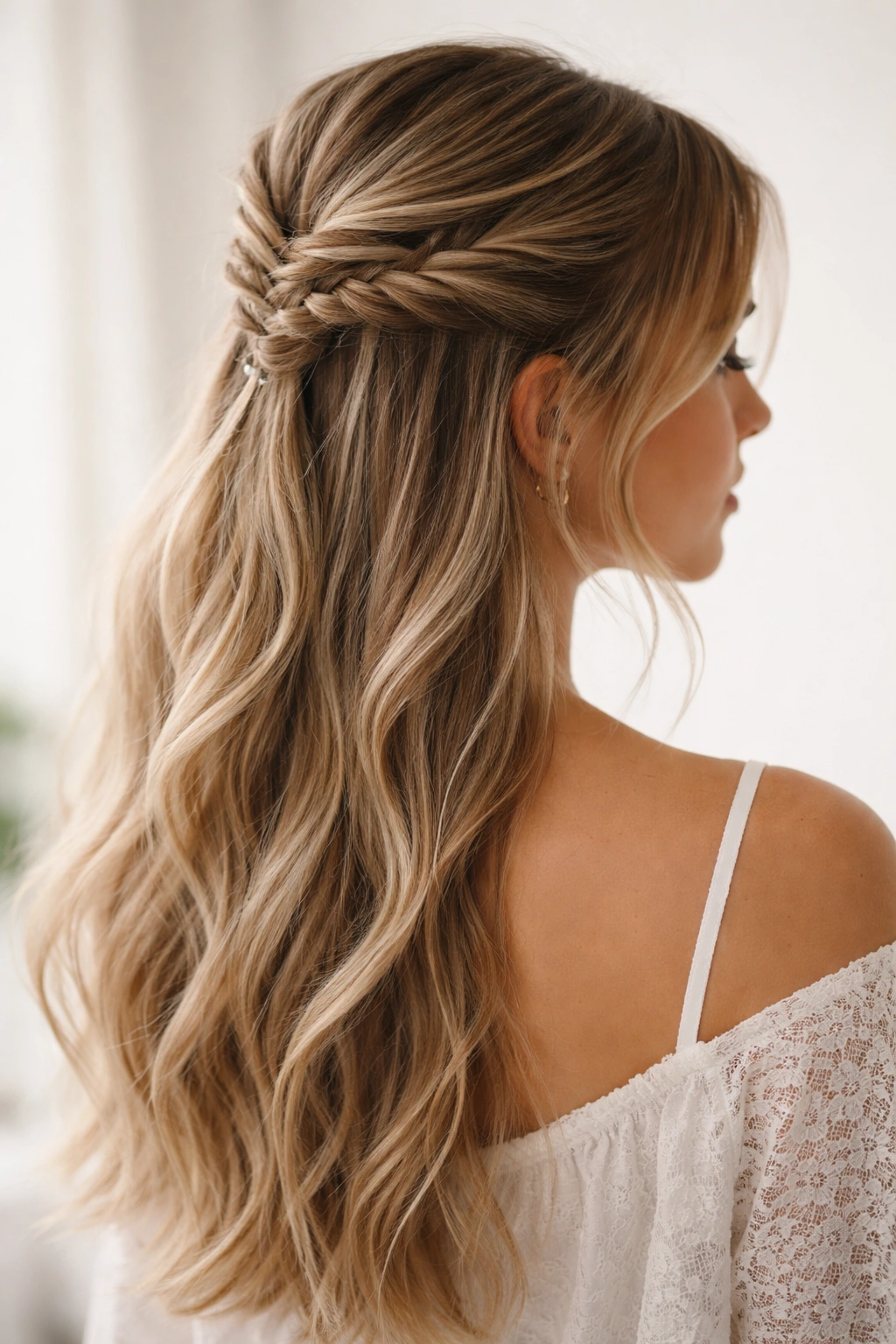 Long hair with a fishtail braid and wispy strands framing the face