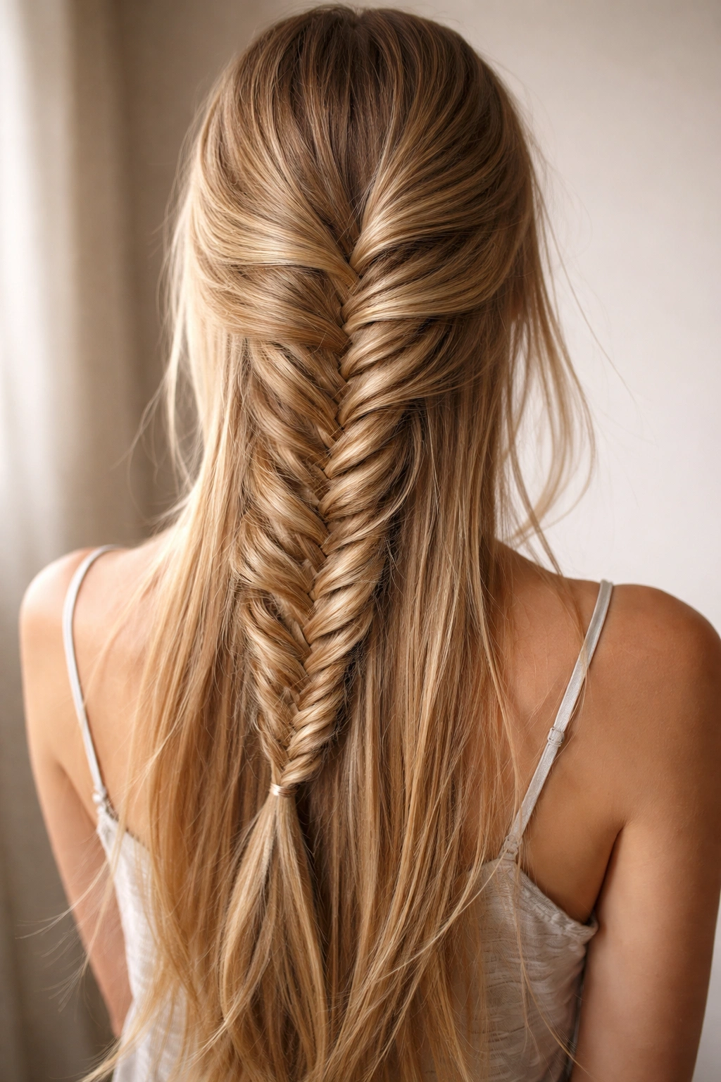 Close-up of a loose fishtail braid with airy weave on straight hair
