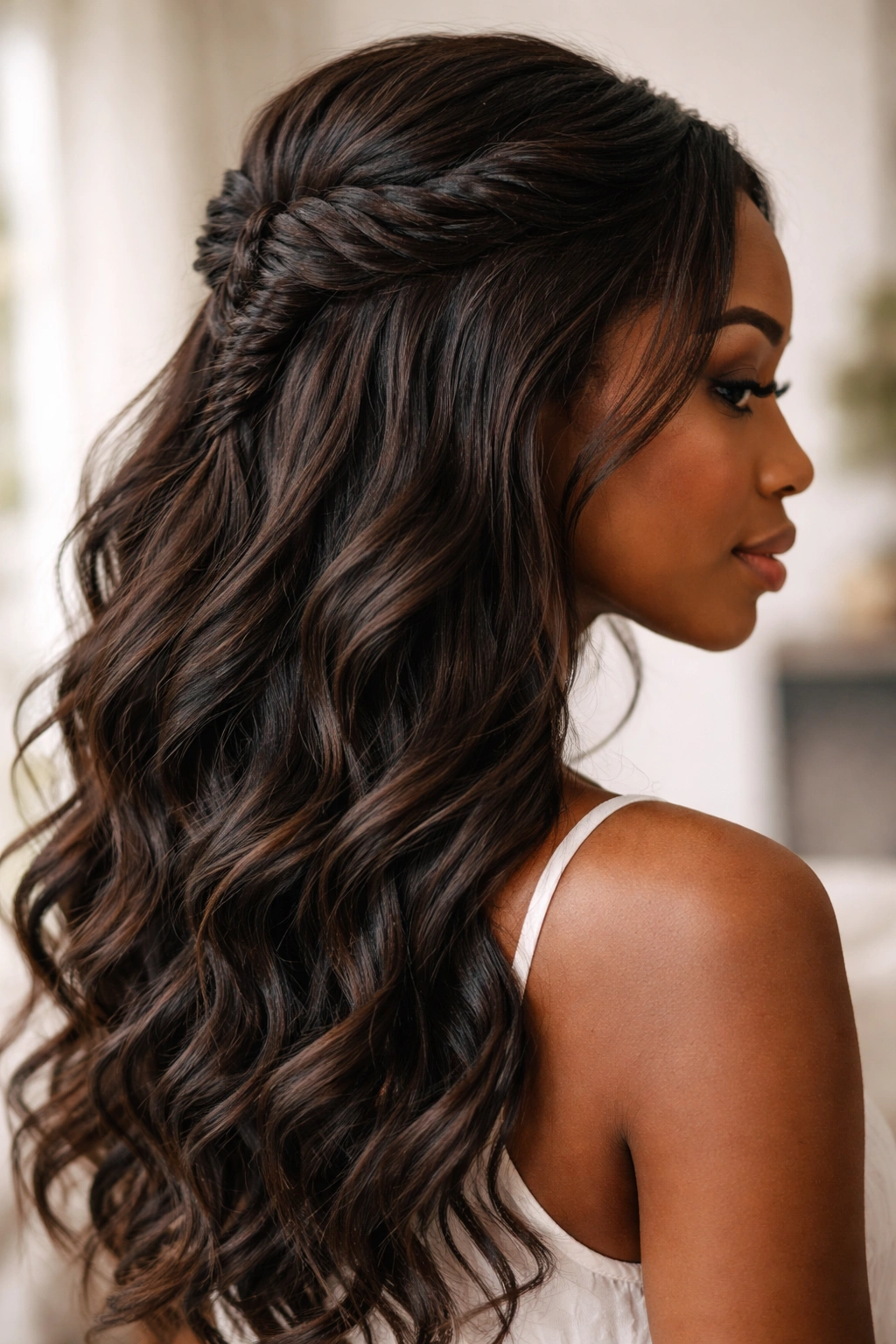 Close-up of a half-up fishtail braid with loose waves in natural light