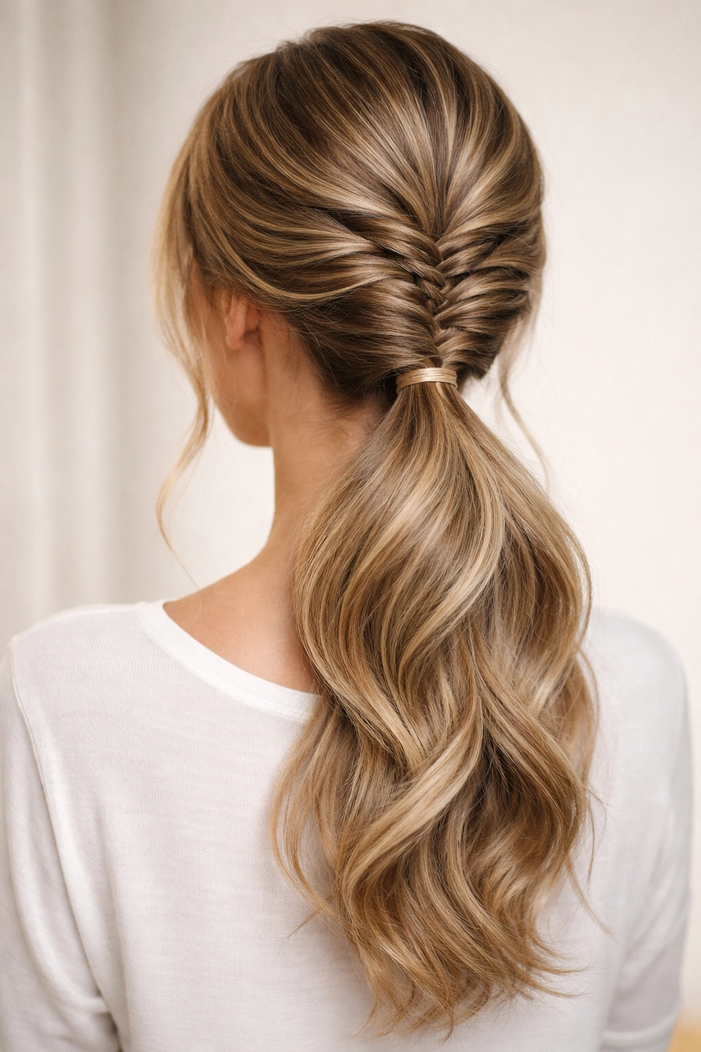 Fishtail braid low ponytail with textured pattern at crown