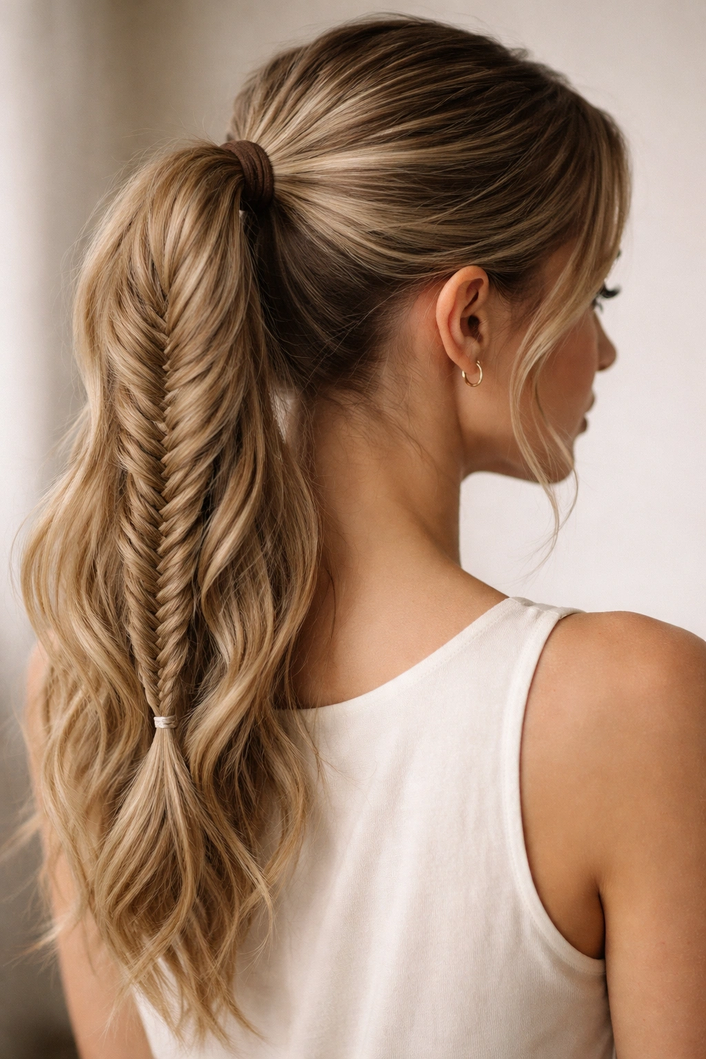 Close-up of a fishtail braided mid ponytail with intricate woven pattern