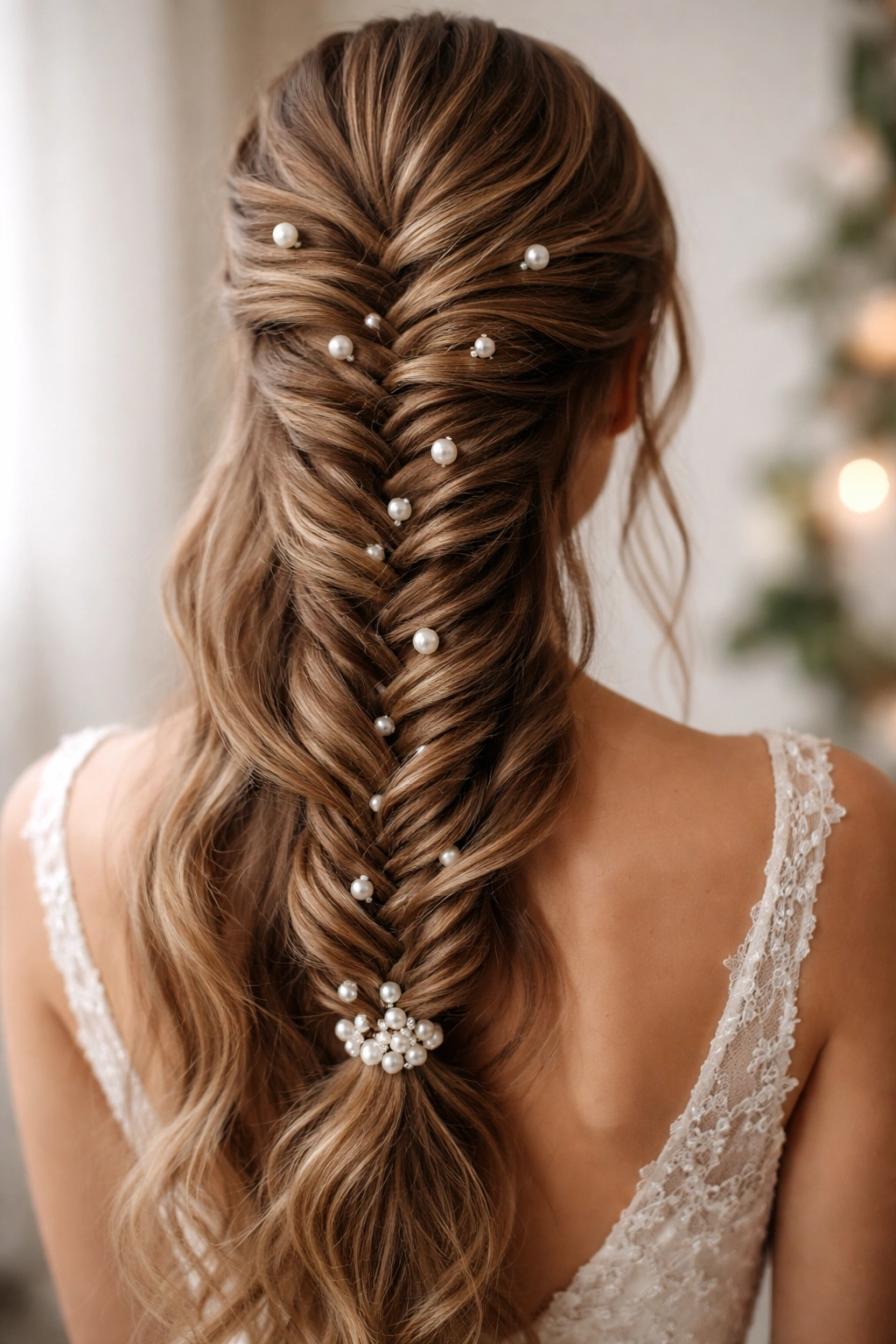 Loose fishtail braid adorned with scattered pearls