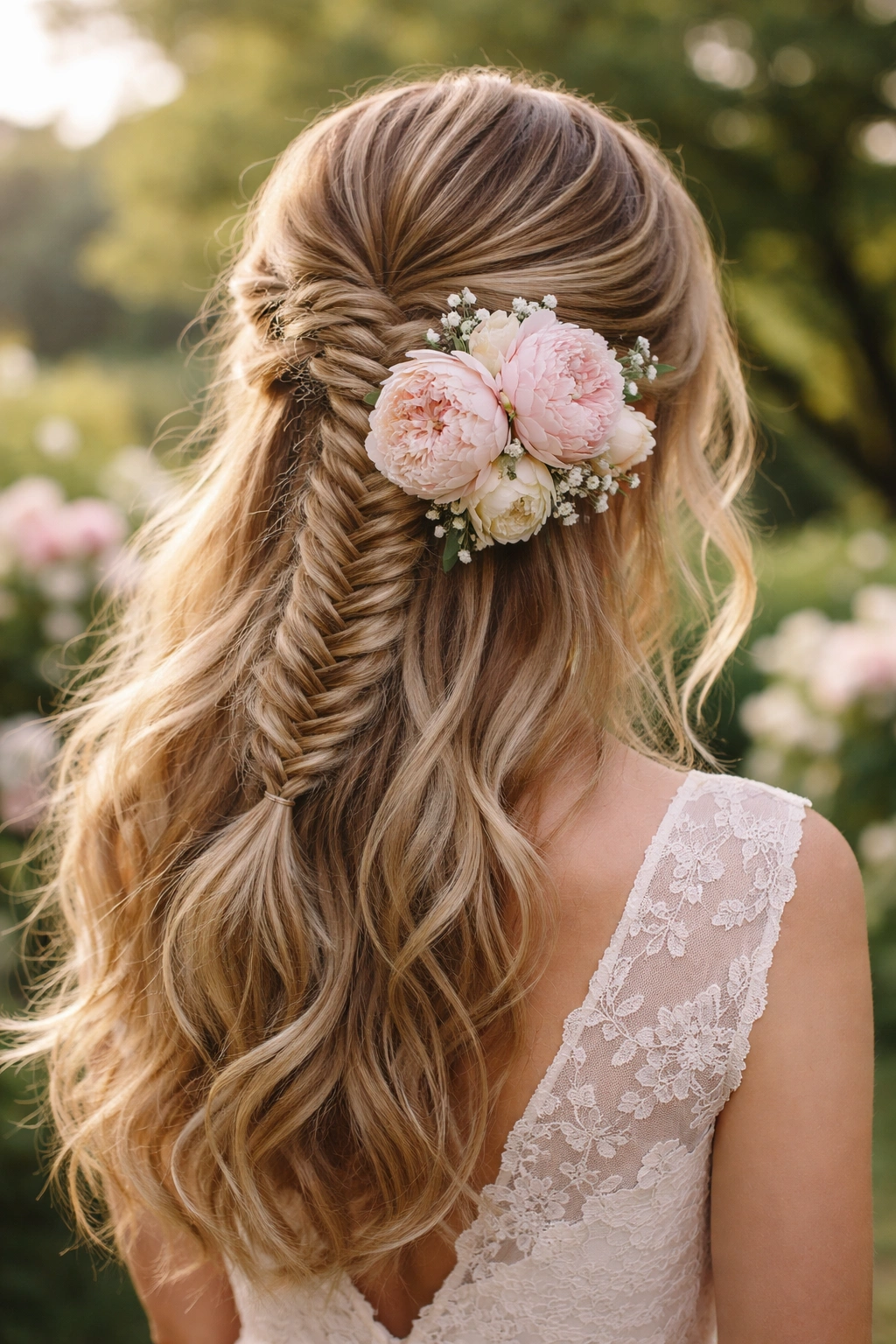 Fishtail half-up braid with a large peony cluster in soft daylight