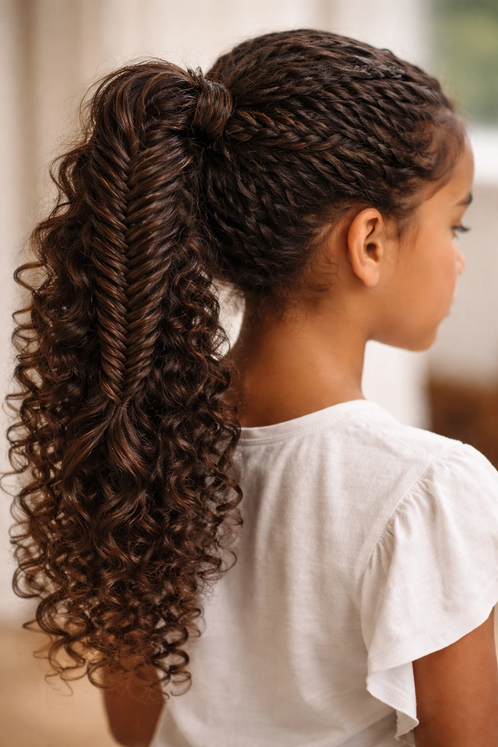 Fishtail braid flowing into a curly ponytail