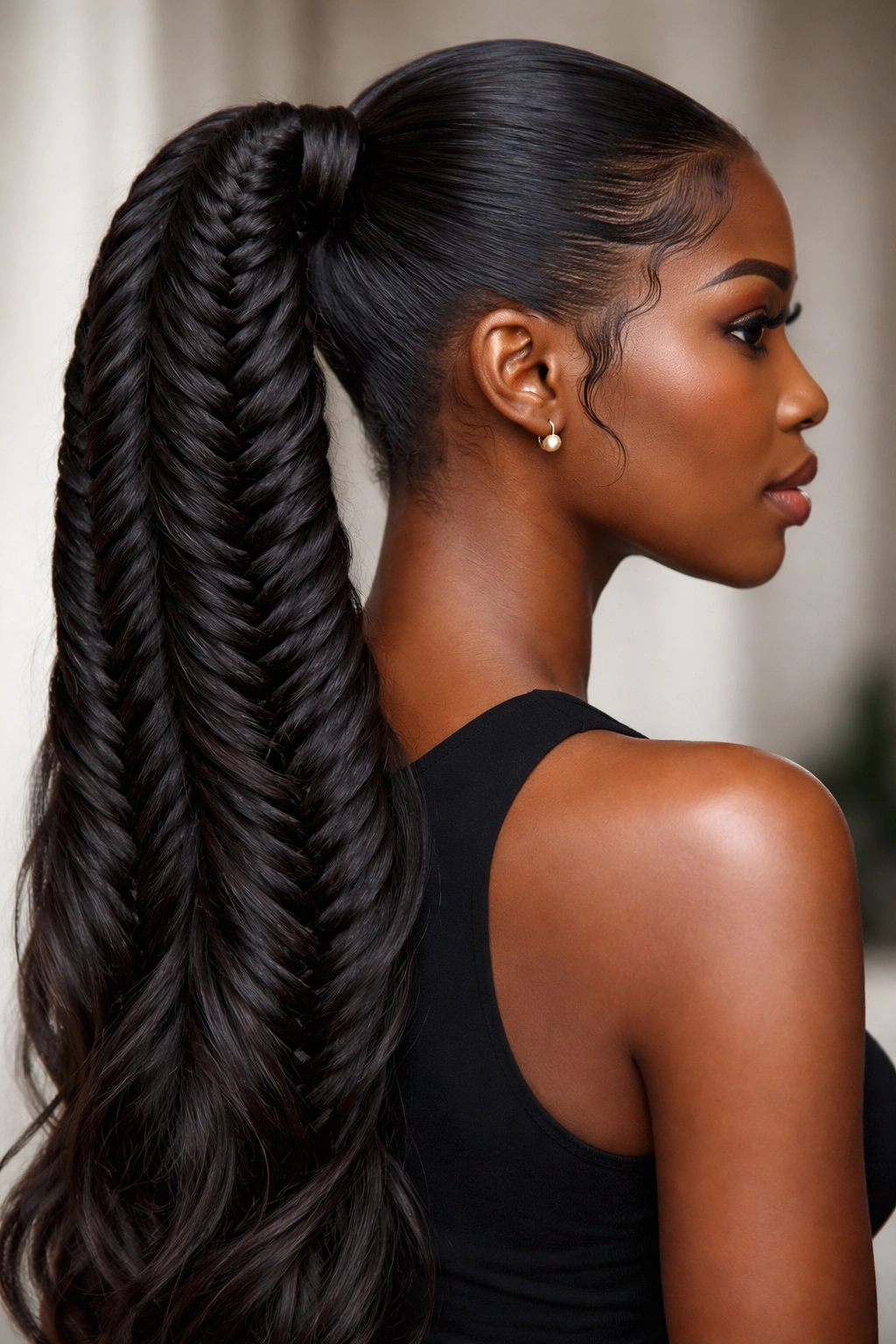 Fishtail braid ponytail showing interwoven pattern into a sleek ponytail
