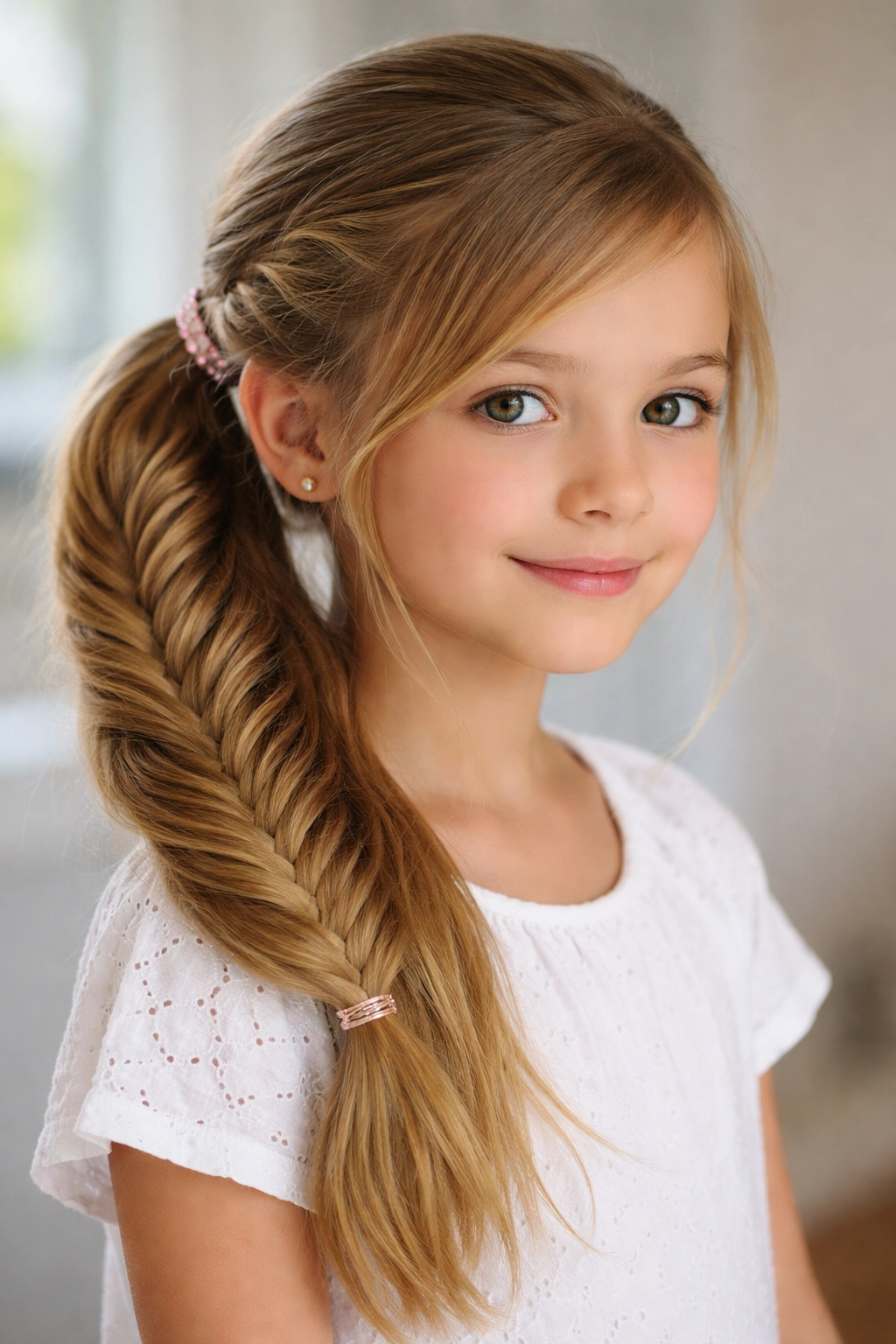 Side ponytail featuring a fishtail braid along the side.