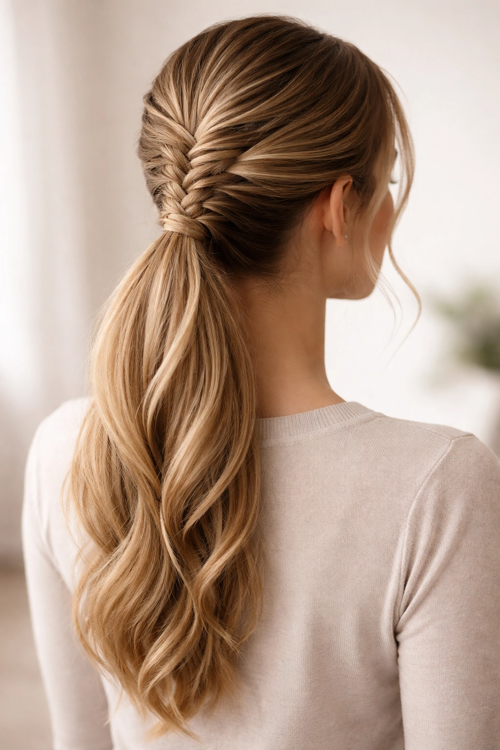 Delicate fishtail braid forming a ponytail on medium-length hair.