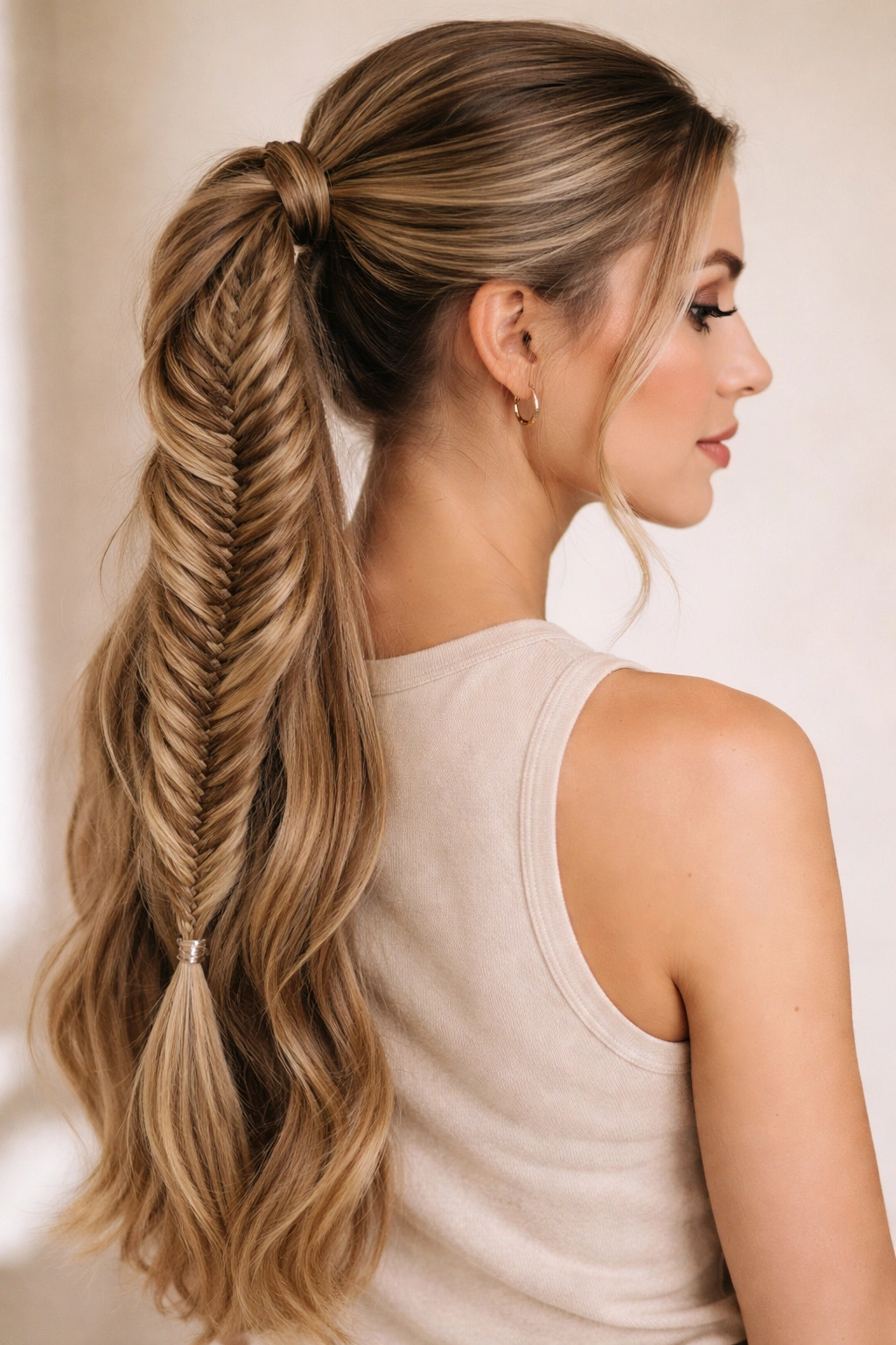Intricate fishtail braid flowing into a long ponytail
